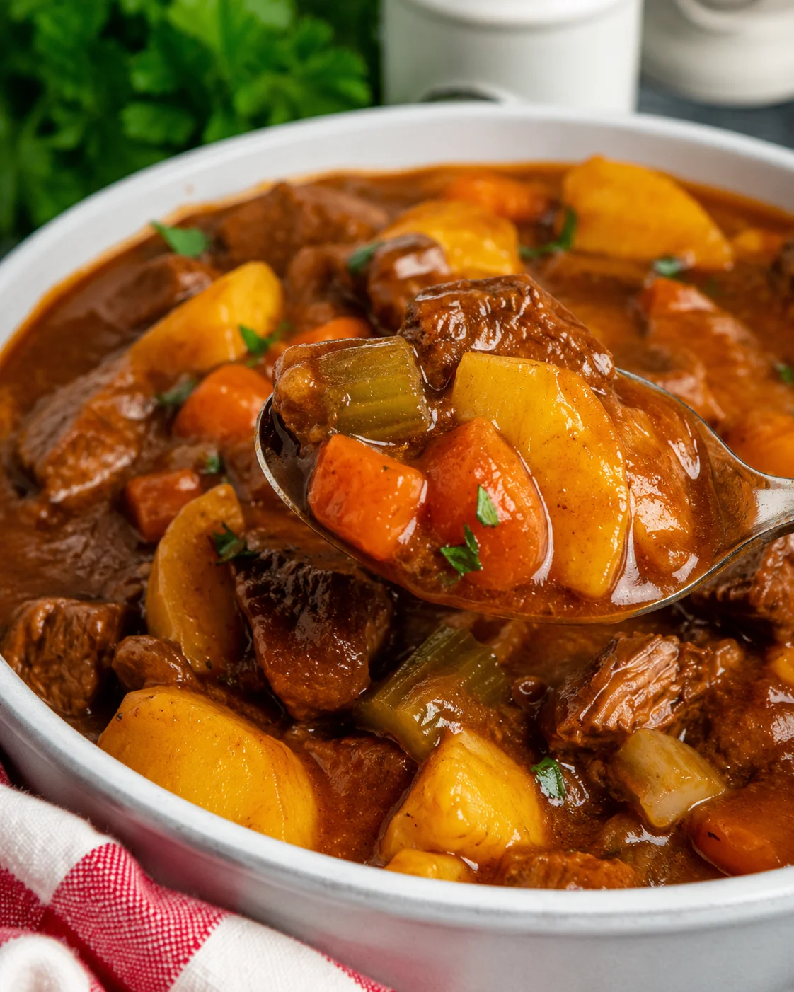 Hearty beef stew with tender chunks of meat and colorful vegetables in a rich gravy.