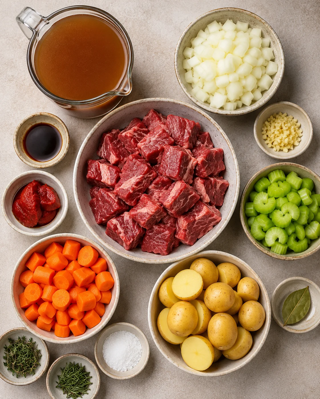 An assortment of ingredients including beef, vegetables, and seasonings for stew