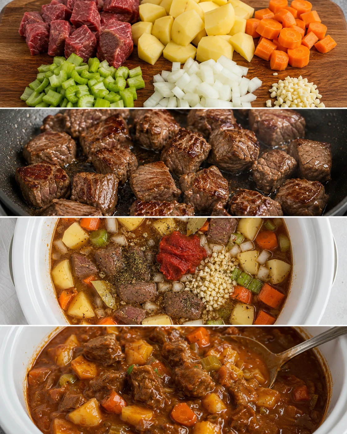 Step-by-step images showing beef, vegetables, and cooking stages of beef stew.