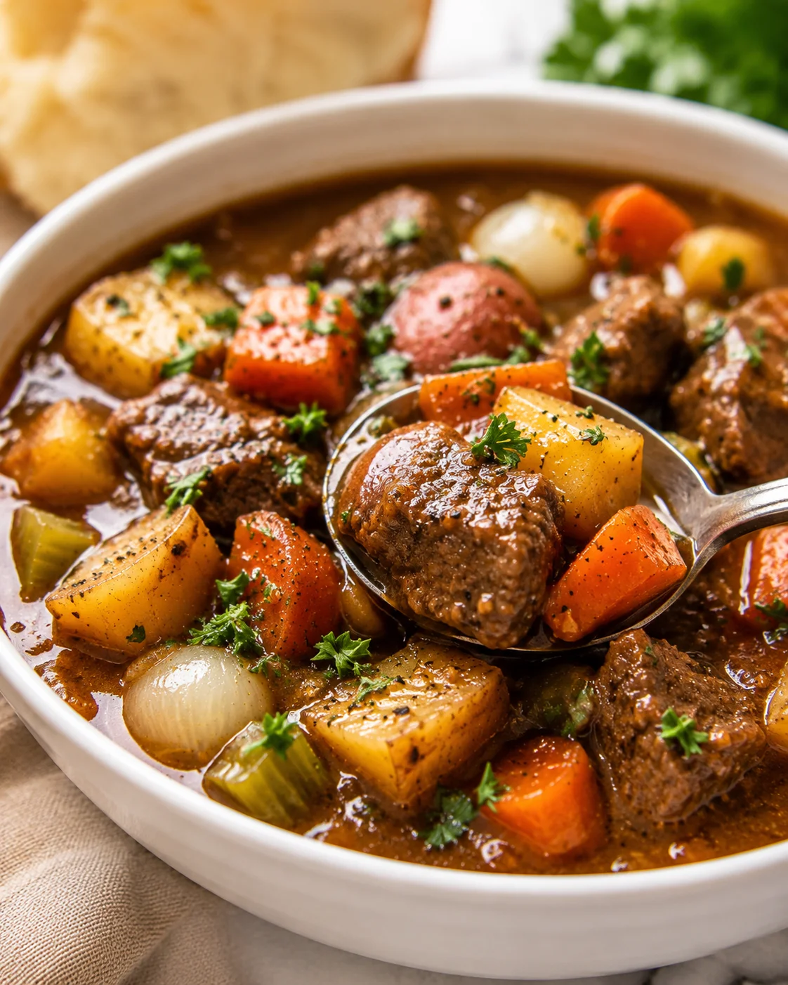 Hearty beef stew with tender meat, potatoes, and pearl onions in a rich broth