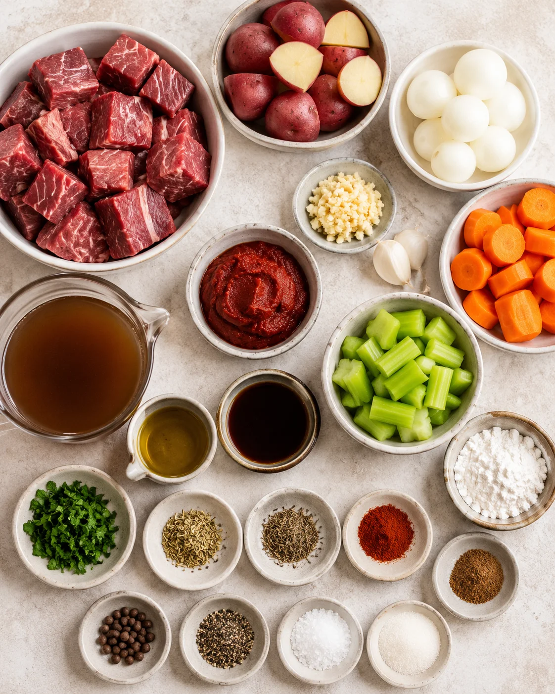 Array of fresh ingredients for classic beef stew including beef cubes and vegetables.