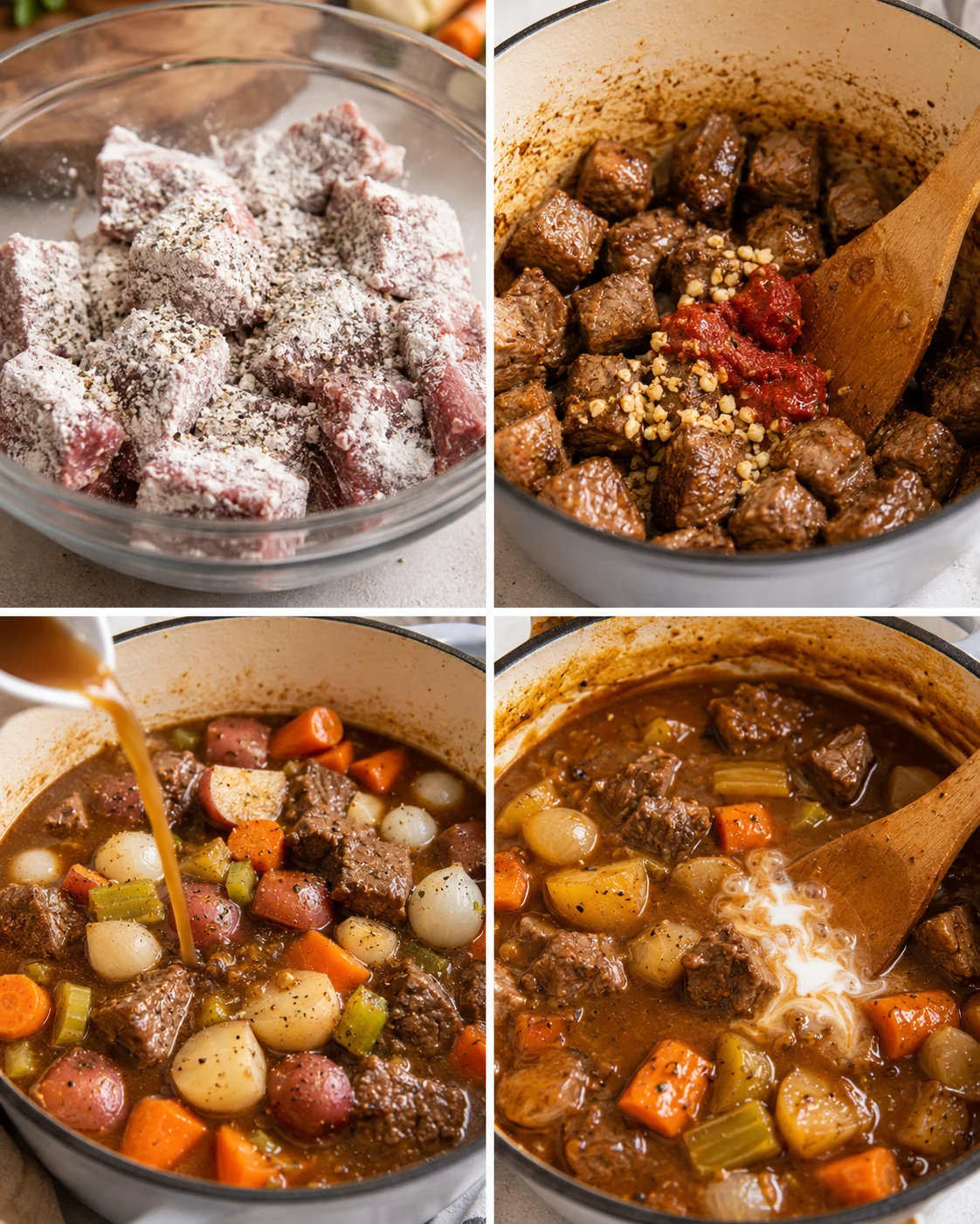 Hearty beef stew with tender meat, potatoes, pearl onions, and rich broth in a pot.