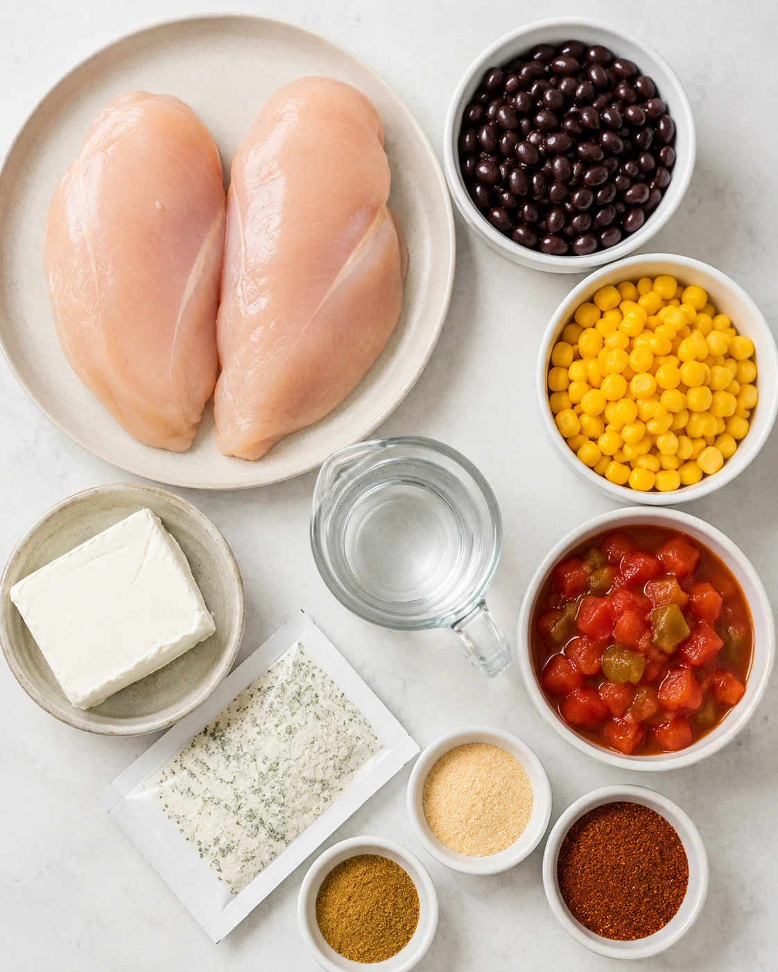Fresh raw chicken breasts, black beans, corn, and seasonings on a white surface.