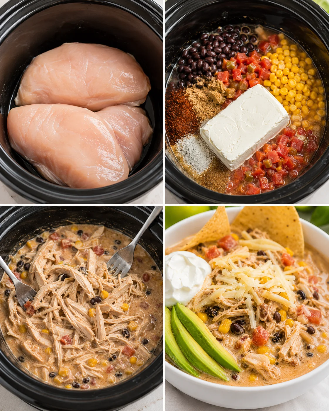 Step-by-step images of chicken, beans, and vegetables cooking in a slow cooker.