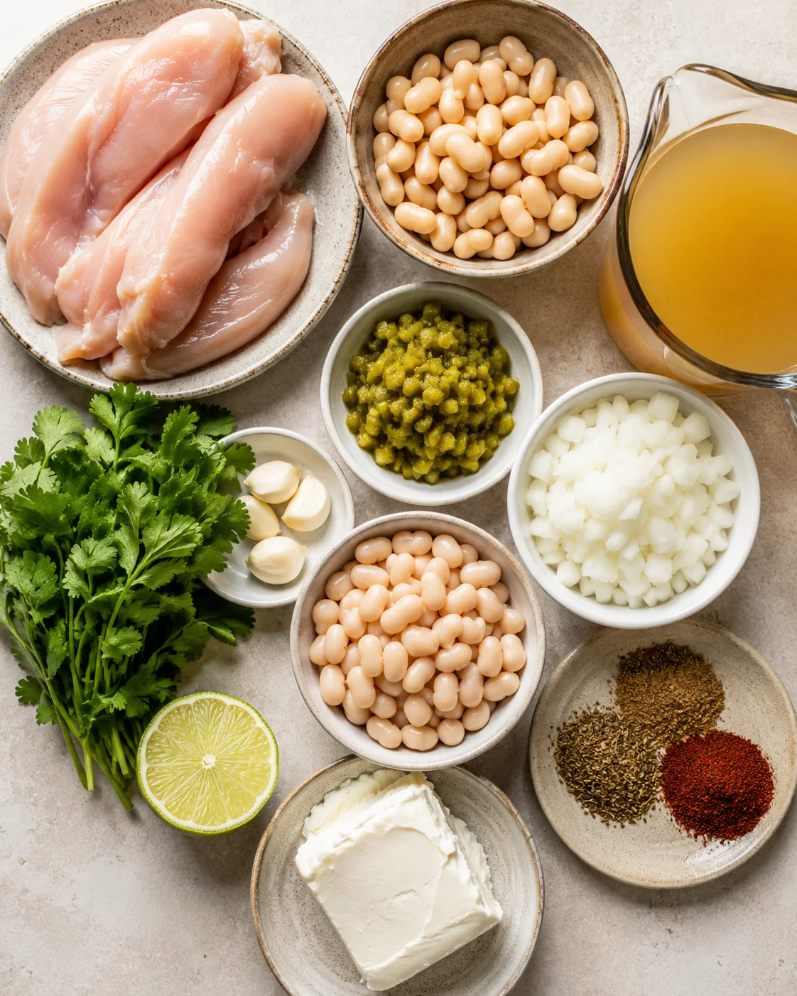 Fresh chicken, beans, green chiles, and spices ready for chili preparation.