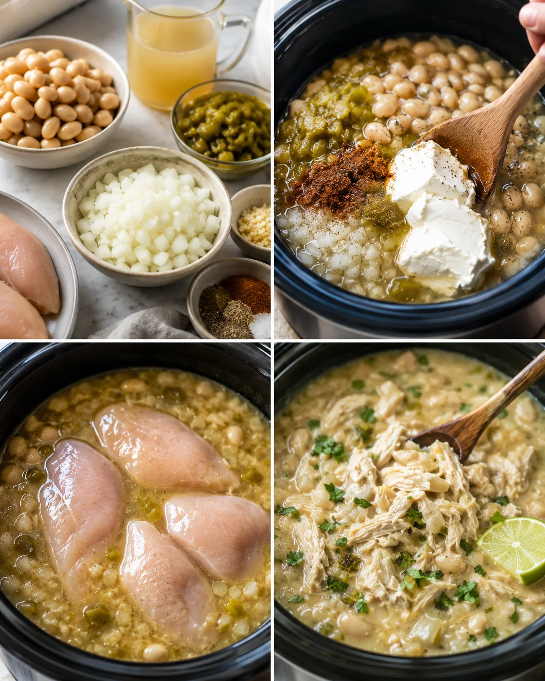 Slow cooker with chicken, beans, green chiles, and cheese cooking inside.