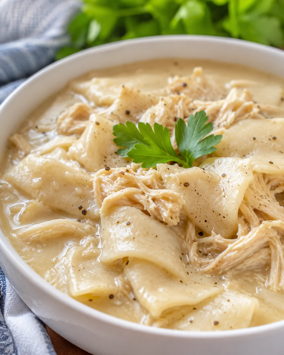 A bowl of hearty chicken and dumplings garnished with fresh parsley