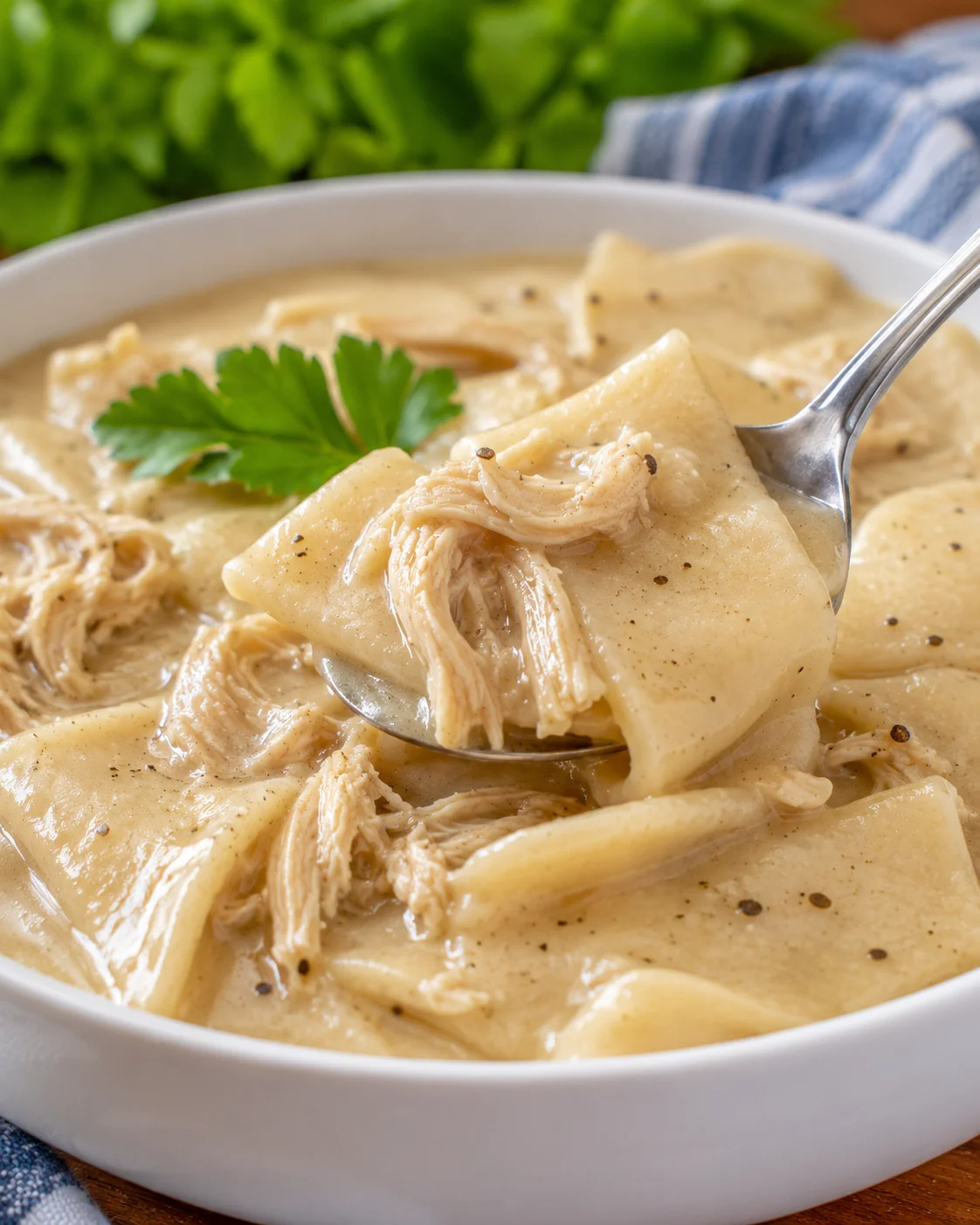 Hearty chicken and dumplings served in a white bowl with fresh herbs garnish.