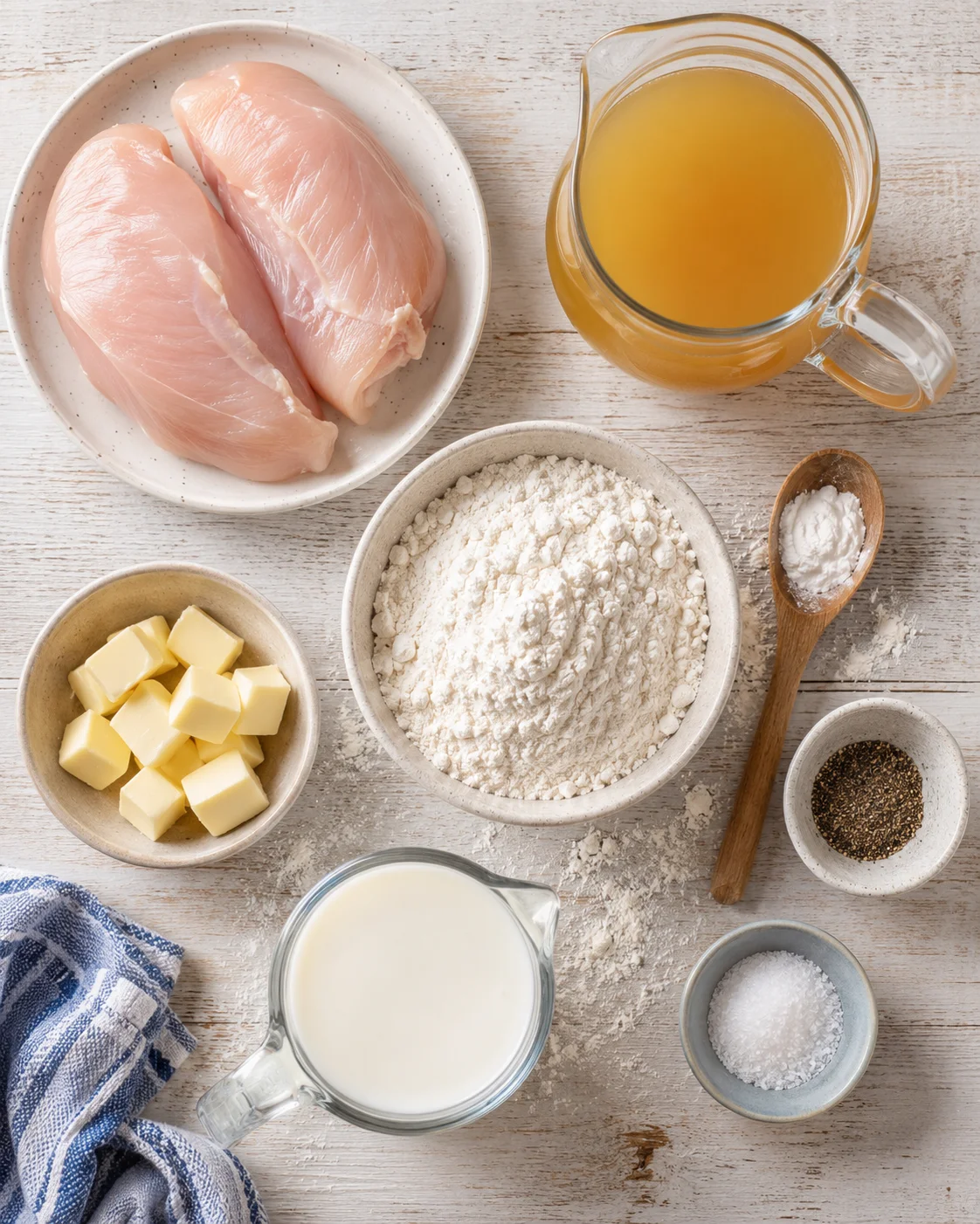 Raw chicken breasts, broth, and baking ingredients for a comforting dish