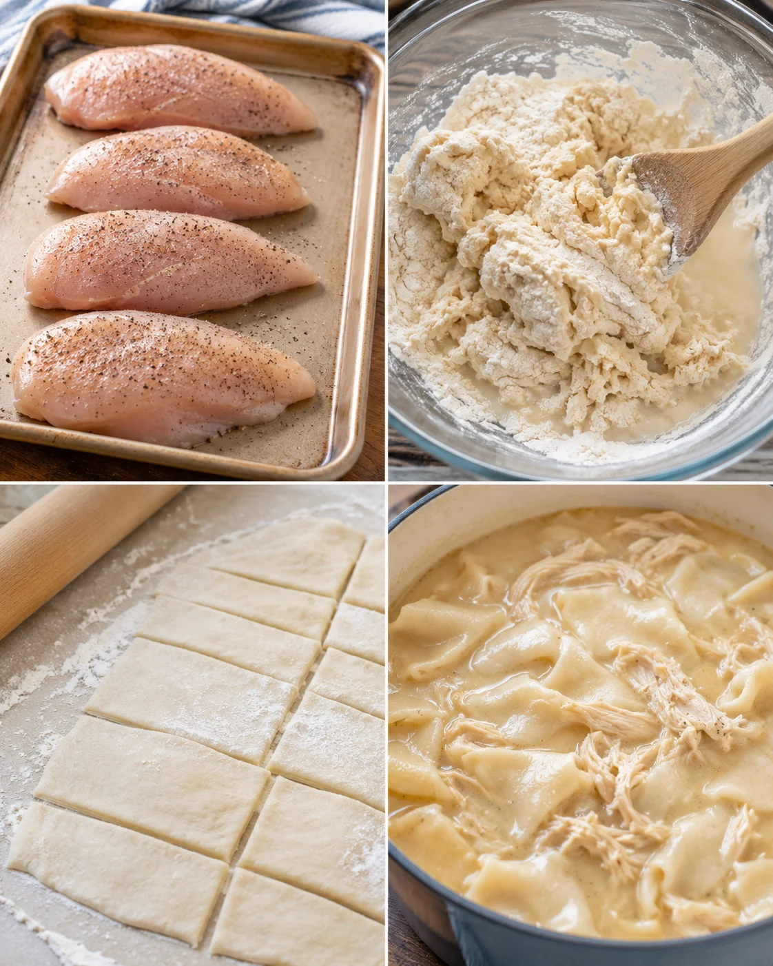 Homemade chicken and dumplings with tender chicken and fluffy dough in rich broth