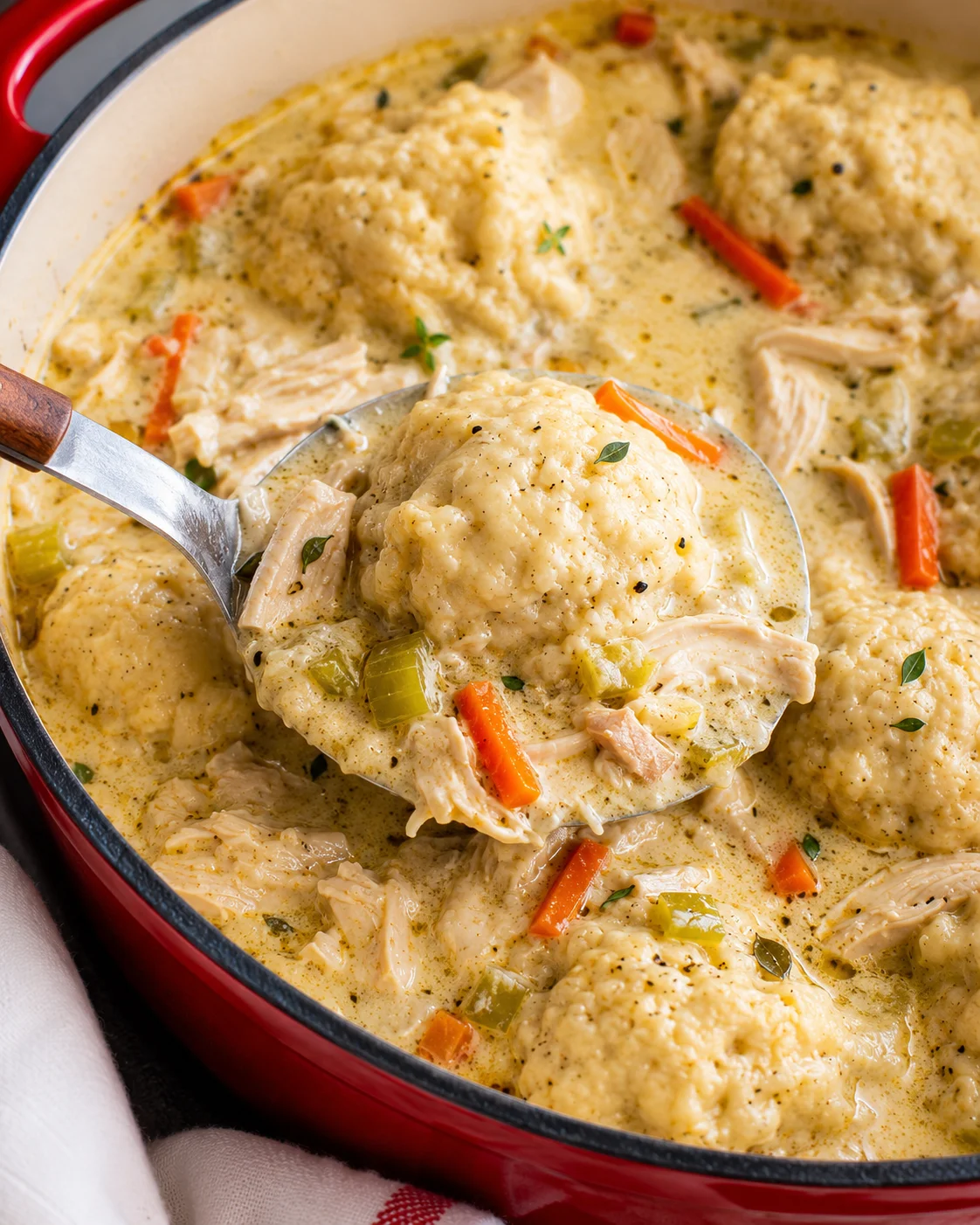 A hearty skillet of creamy chicken and fluffy dumplings with vegetables