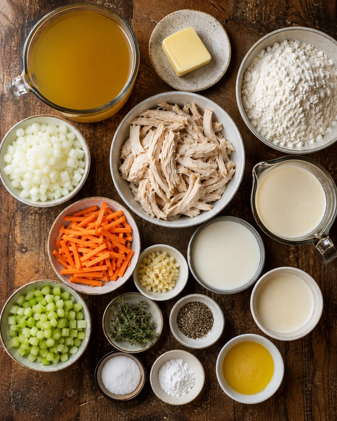 Ingredients for chicken and dumplings including shredded chicken, vegetables, and broth.