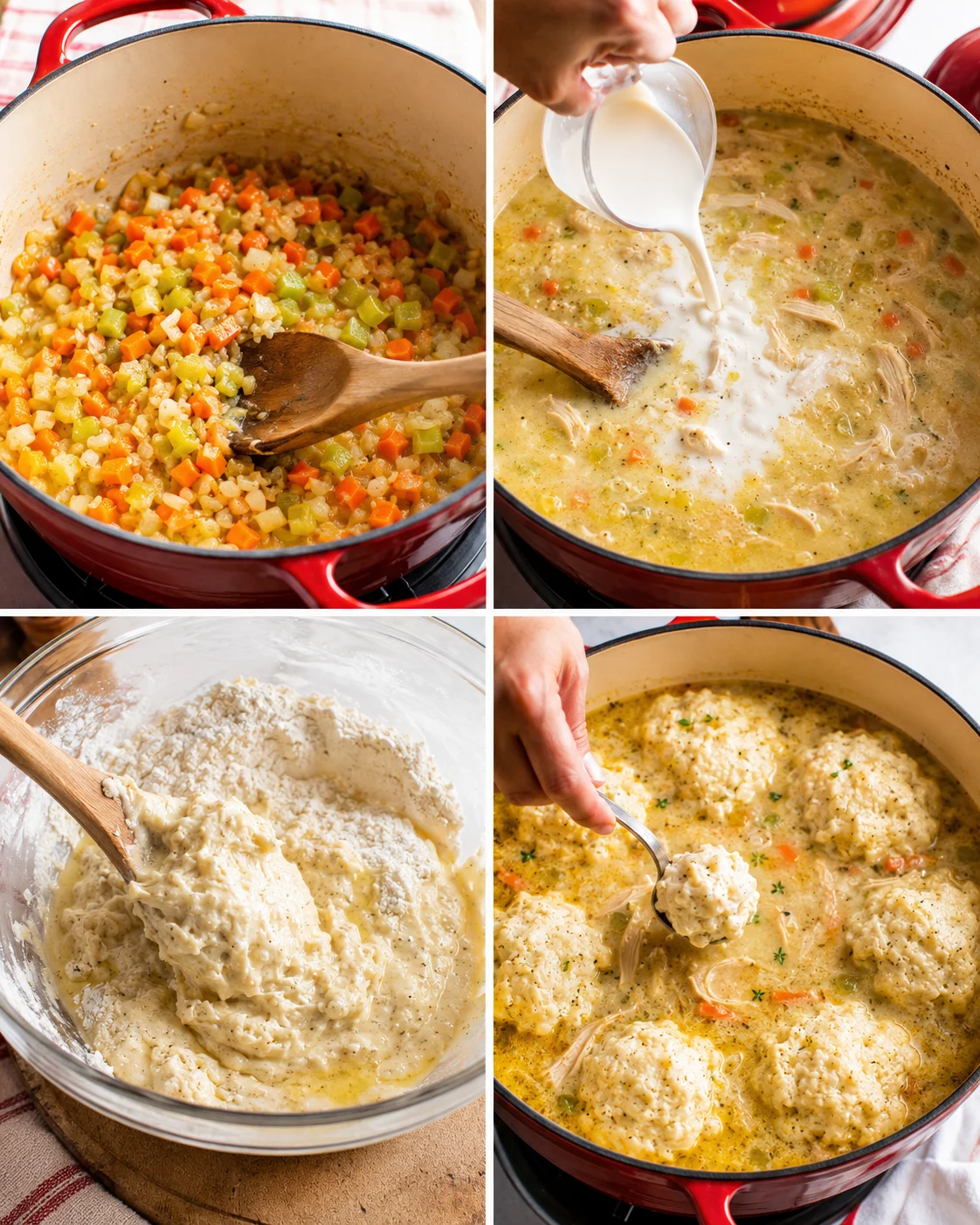 Creamy chicken soup with fluffy homemade dumplings cooking in a Dutch oven.