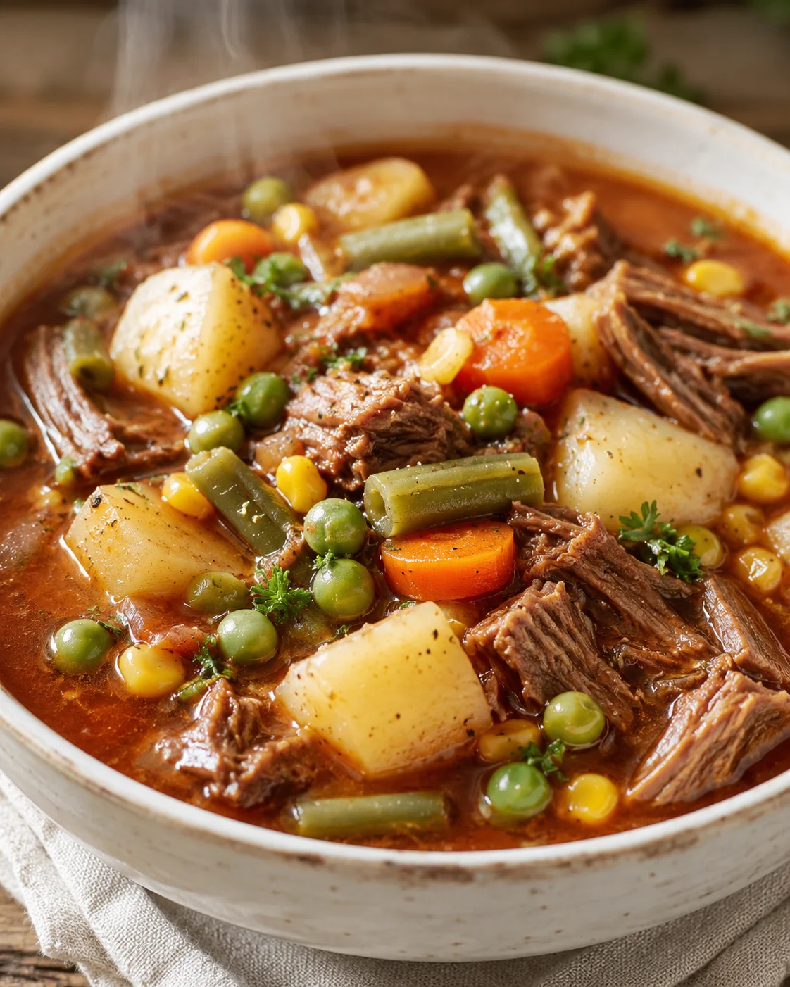 A hearty bowl of homemade vegetable beef soup with tender beef and vegetables