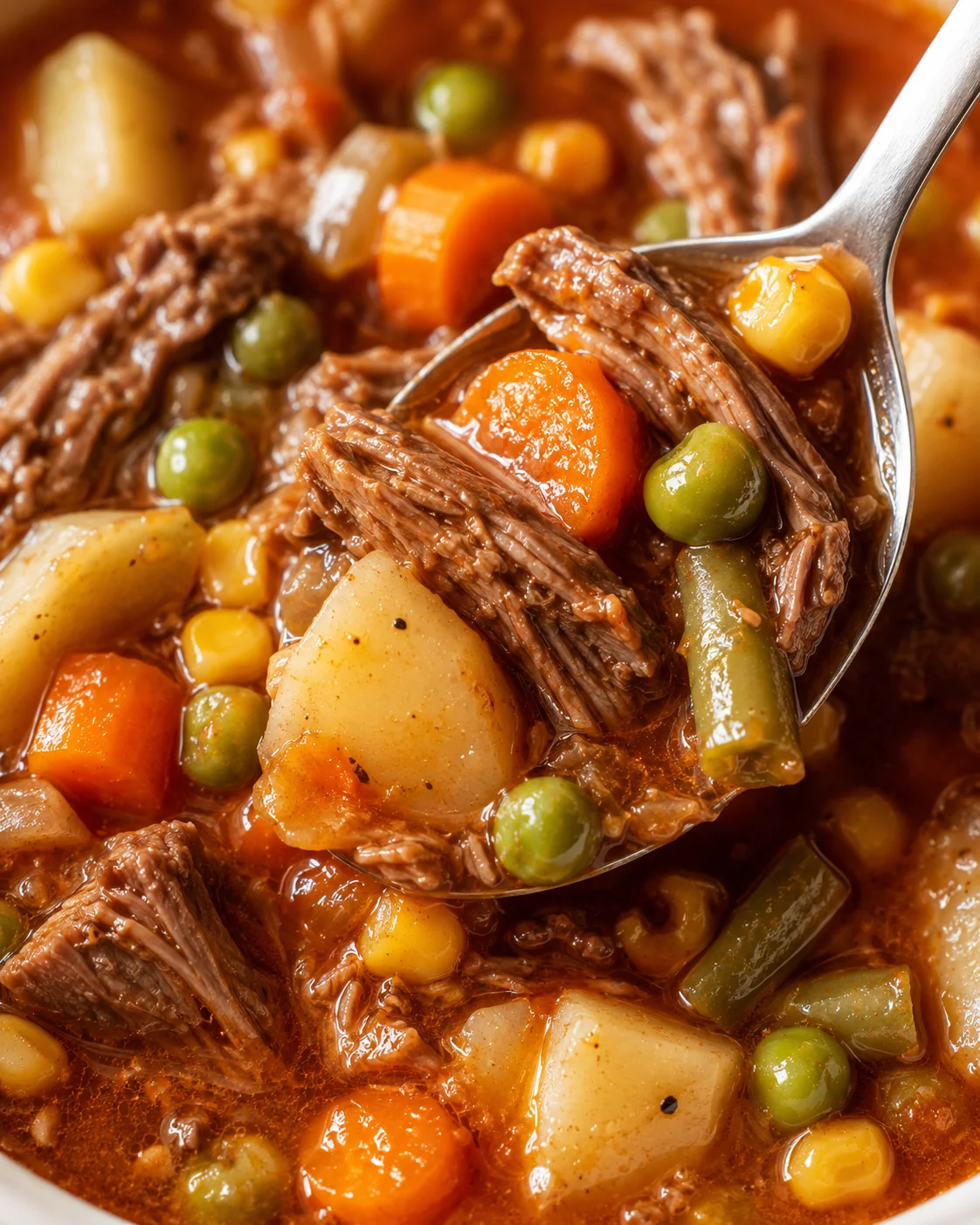 Close-up of simmering homemade vegetable beef soup with tender meat and vegetables