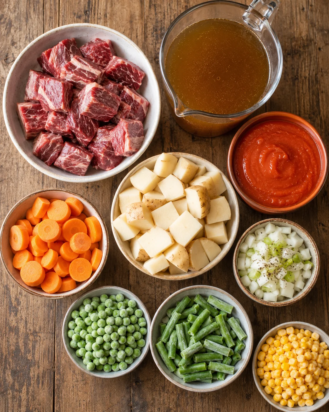Assorted fresh vegetables and beef cubes prepared for homemade soup.