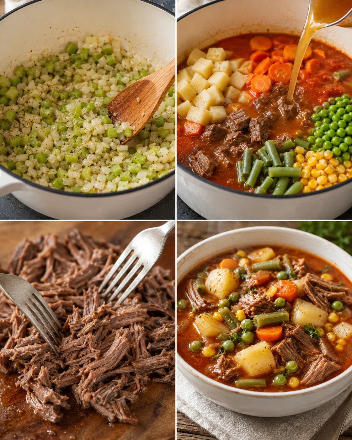 Hearty homemade vegetable beef soup with tender beef and fresh vegetables in a pot.