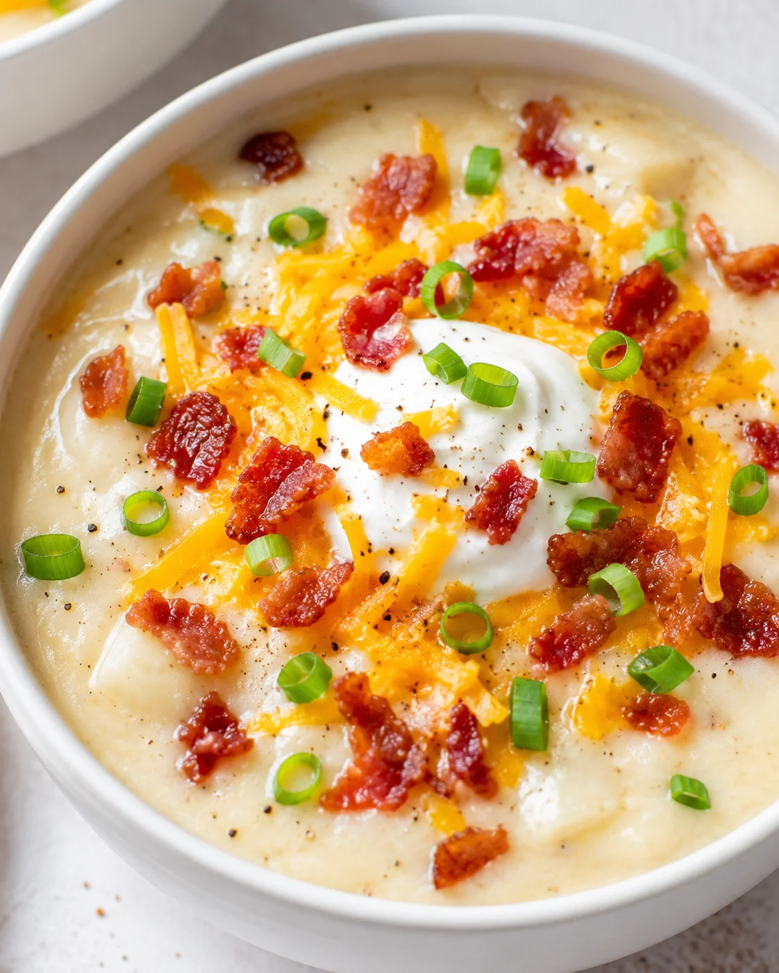 Creamy loaded baked potato soup topped with bacon, cheese, sour cream, and green onions.