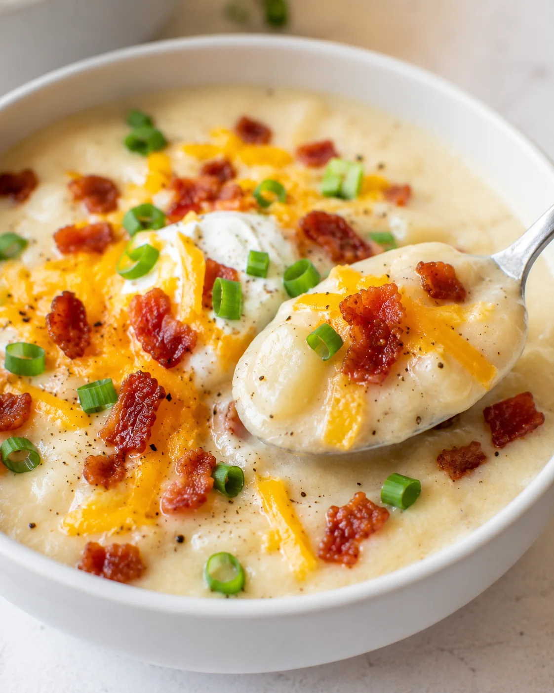 Creamy loaded baked potato soup topped with cheese, bacon, and green onions.
