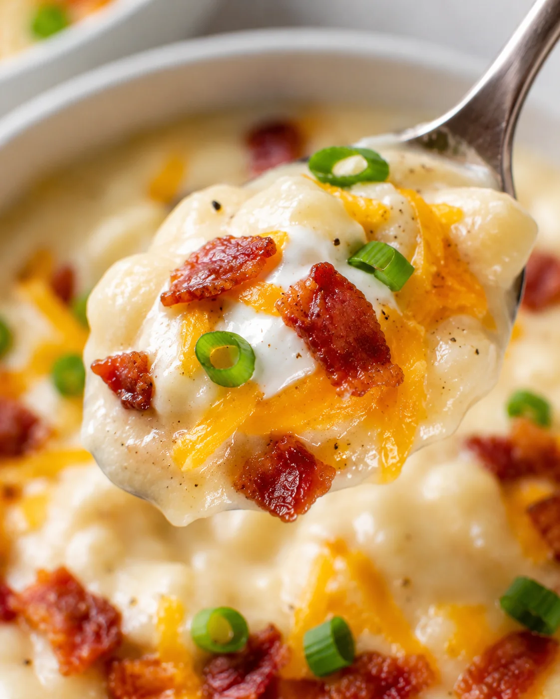 Creamy loaded baked potato soup topped with bacon, cheese, and scallions.