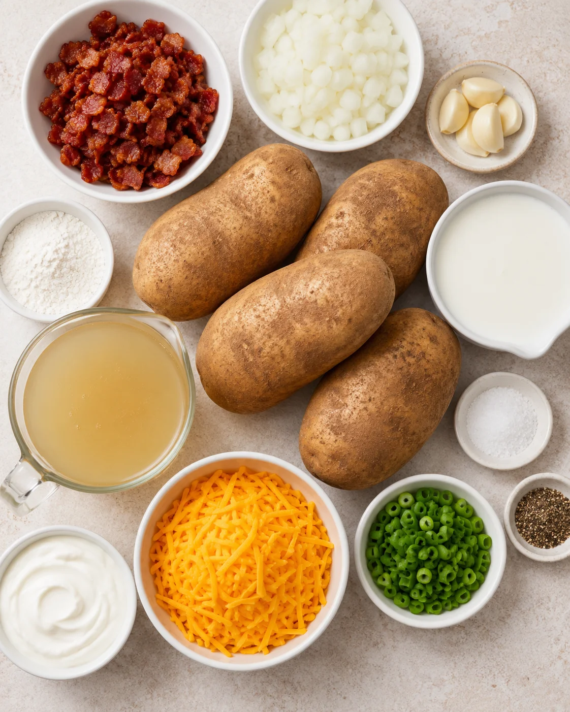 Ingredients for loaded baked potato soup with potatoes, bacon, cheese, and toppings.