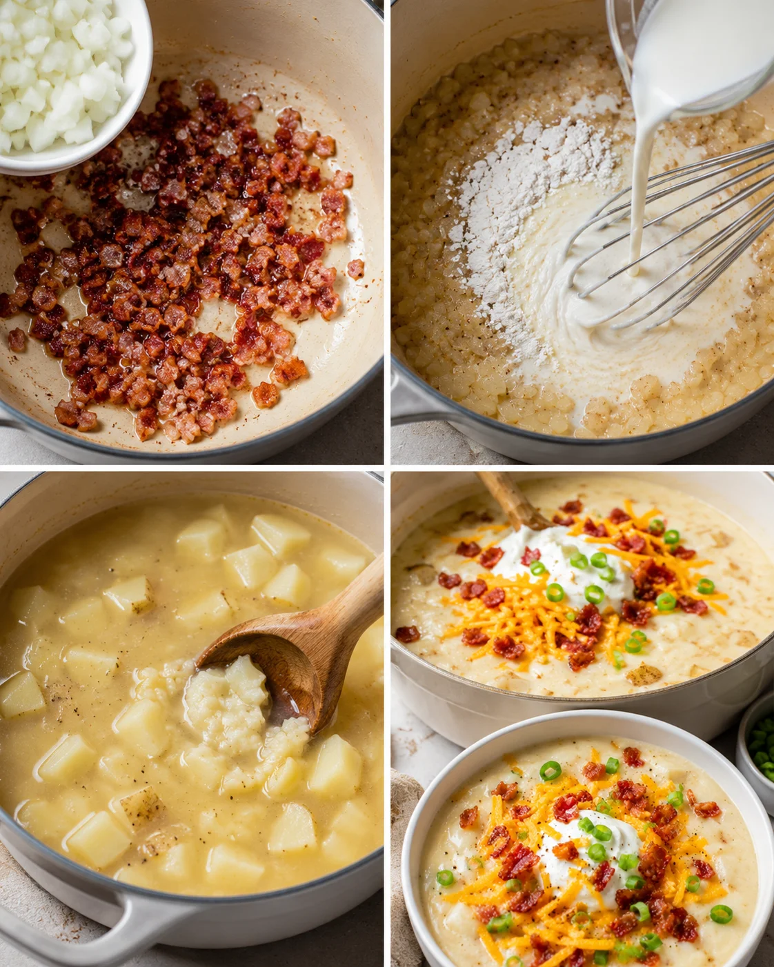 Creamy loaded baked potato soup topped with cheese, bacon, and green onions.