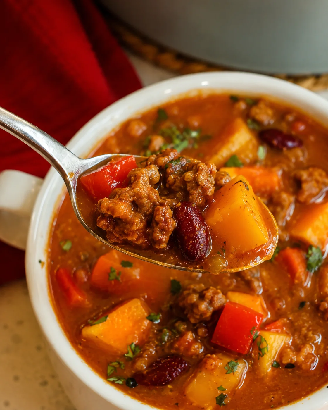 Close-up of hearty pumpkin chili with beef, peppers, potatoes, and spices in a white mug.