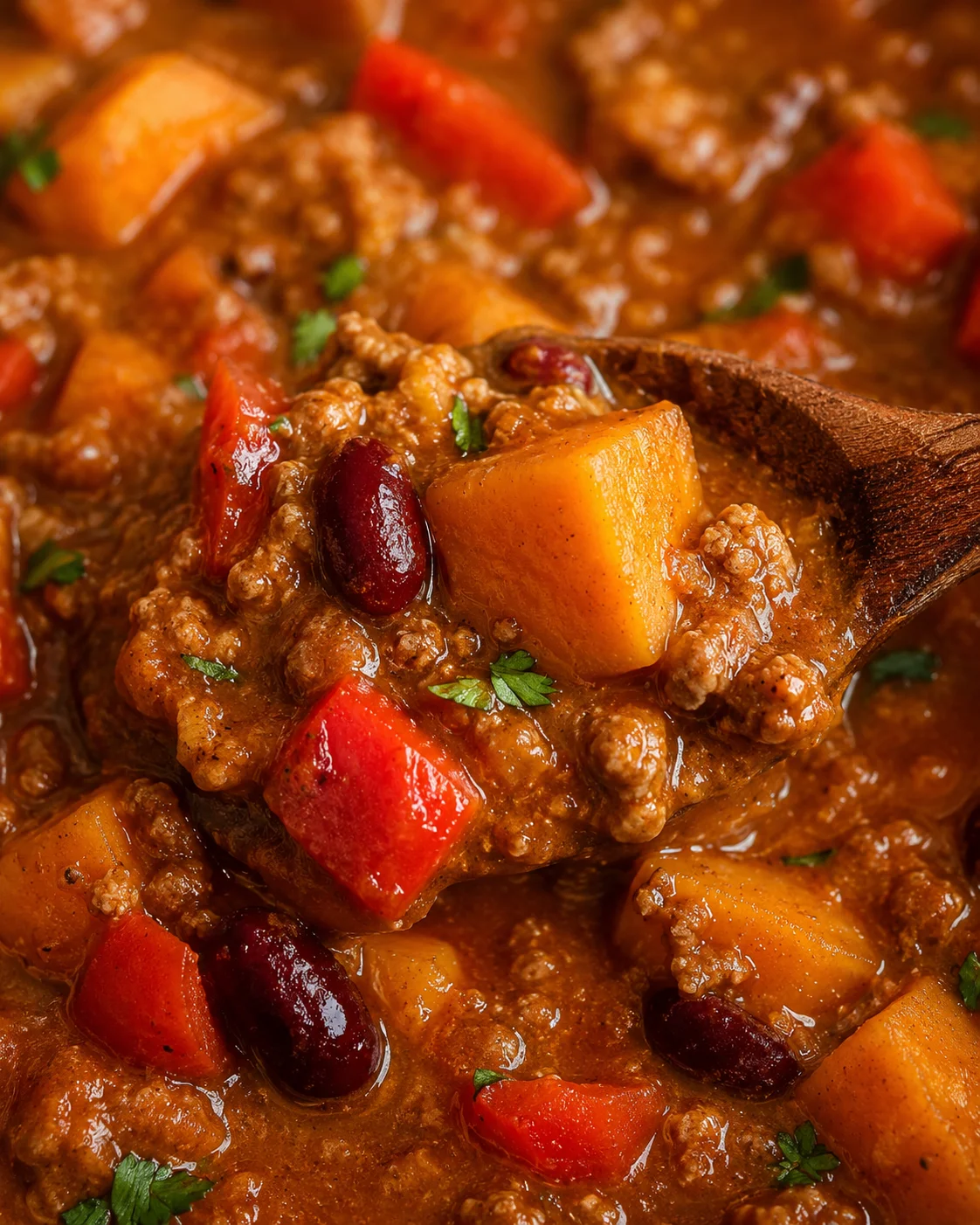 Close-up of a bowl of pumpkin chili with beef, sweet potatoes, and spices.