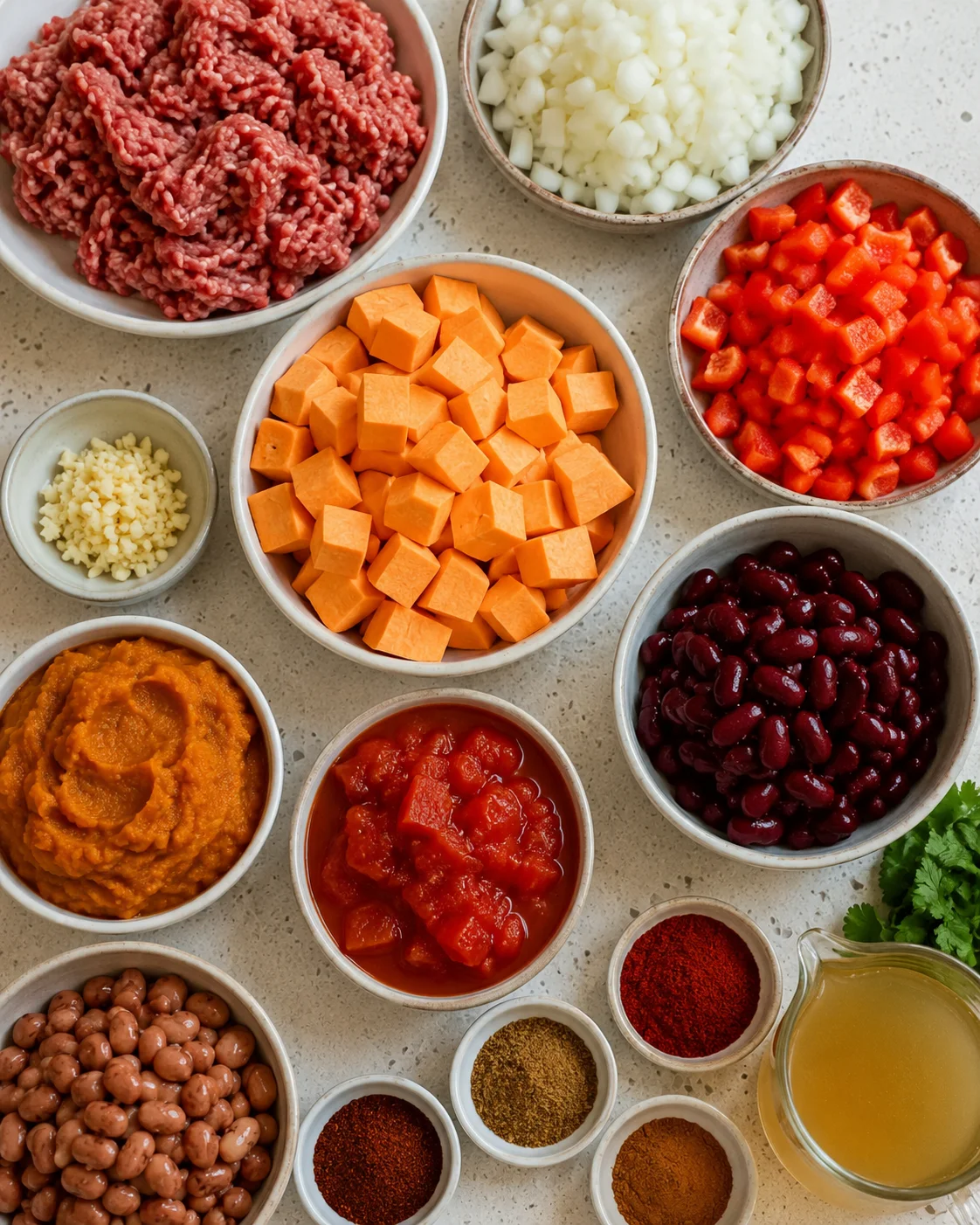 Bowls of ground meat, diced vegetables, and spices for pumpkin chili preparation.