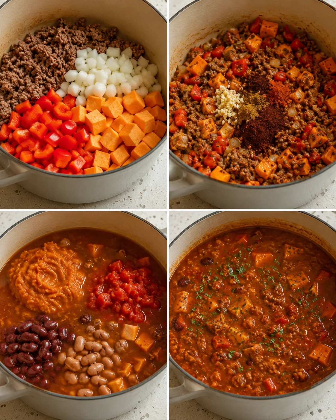 Step-by-step images of making flavorful pumpkin chili with beef, sweet potatoes, and spices