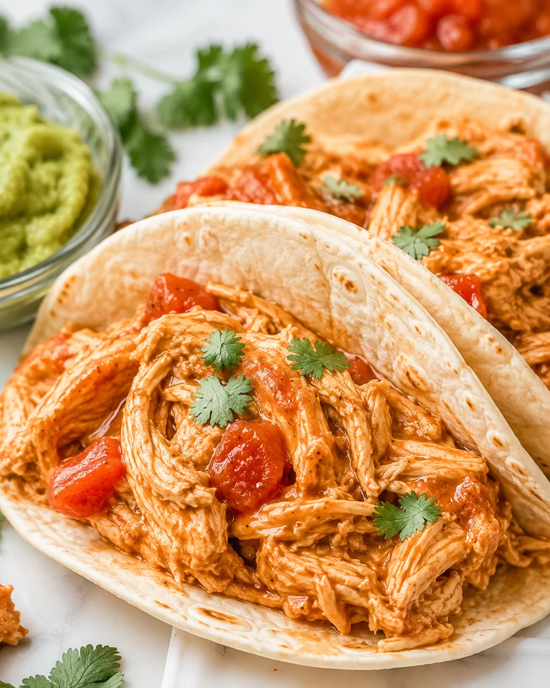 Delicious shredded chicken with salsa and sour cream in soft tacos garnished with cilantro.