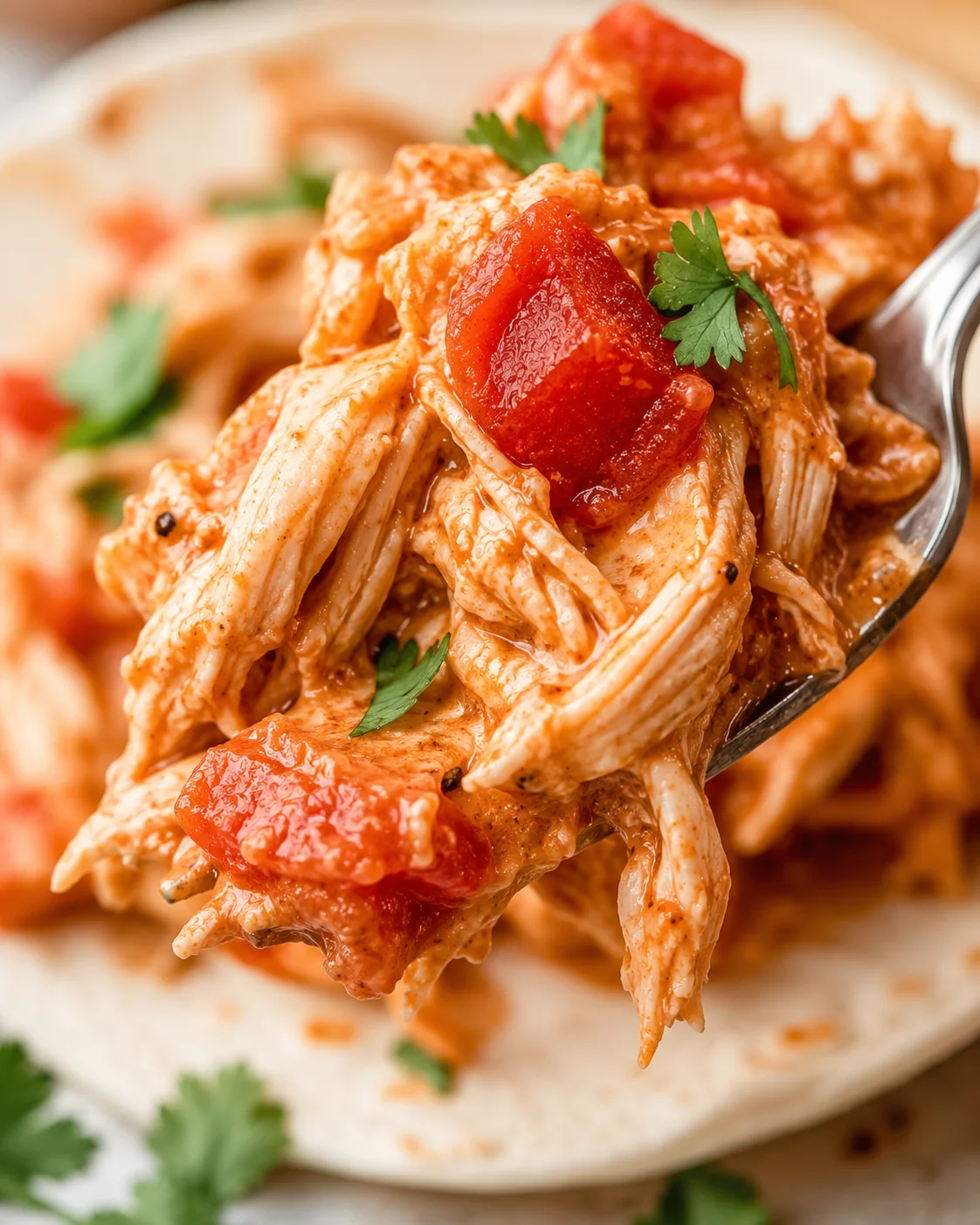 Juicy, shredded chicken with salsa and sour cream topped with cilantro.
