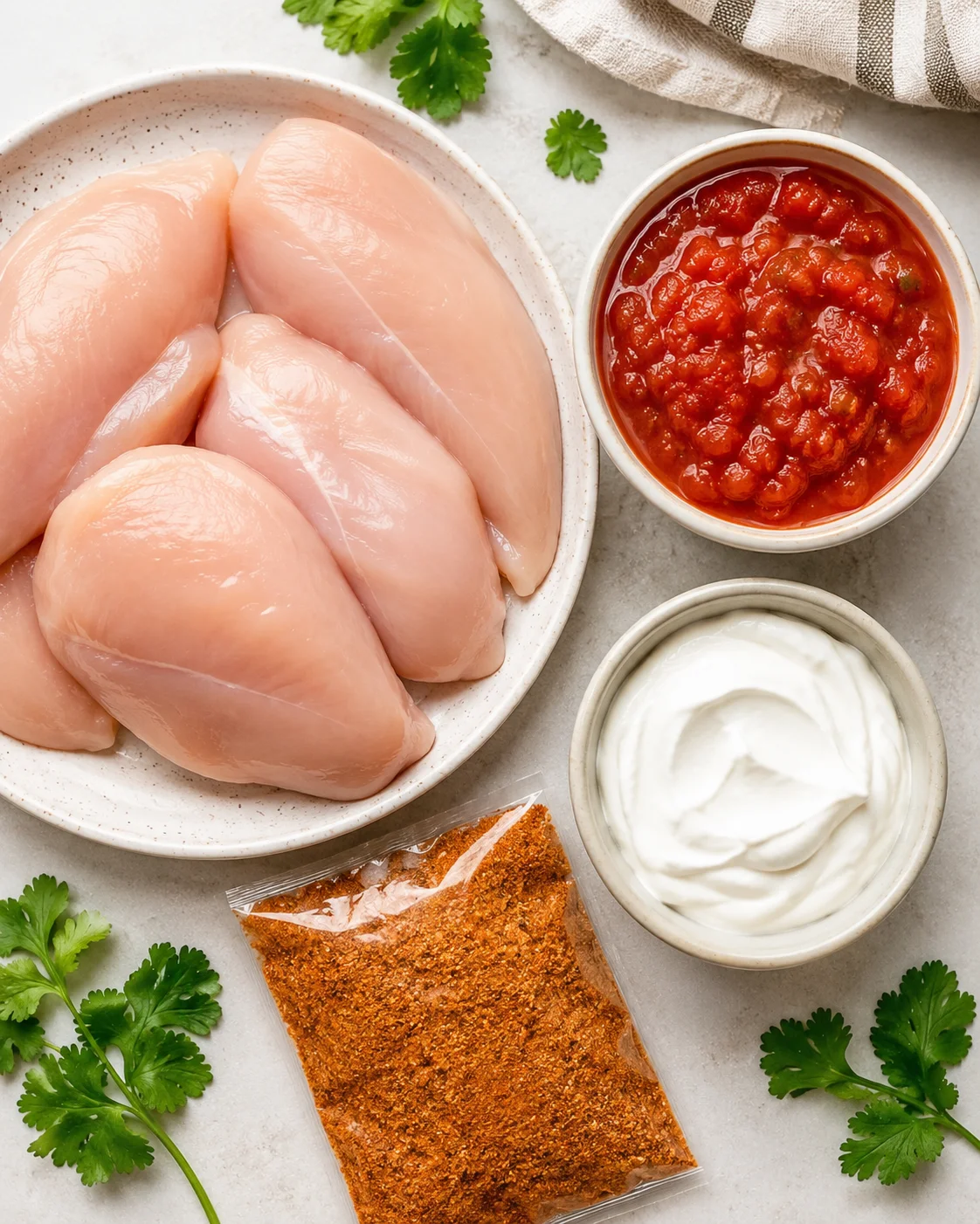 Raw chicken breasts, salsa, sour cream, taco seasoning, and garnishes ready to cook.