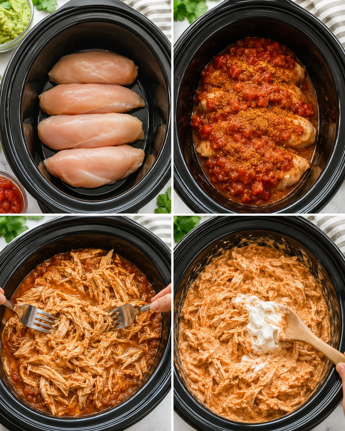 Step-by-step images showing raw chicken, seasoned with salsa and spices, shredded chicken, and creamy mixture.