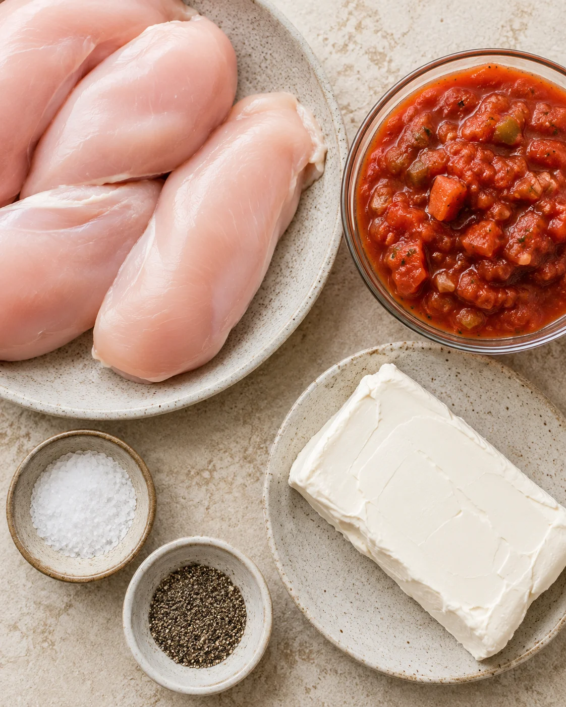 Raw chicken breasts, salsa, and cream cheese ready for cooking in a slow cooker.