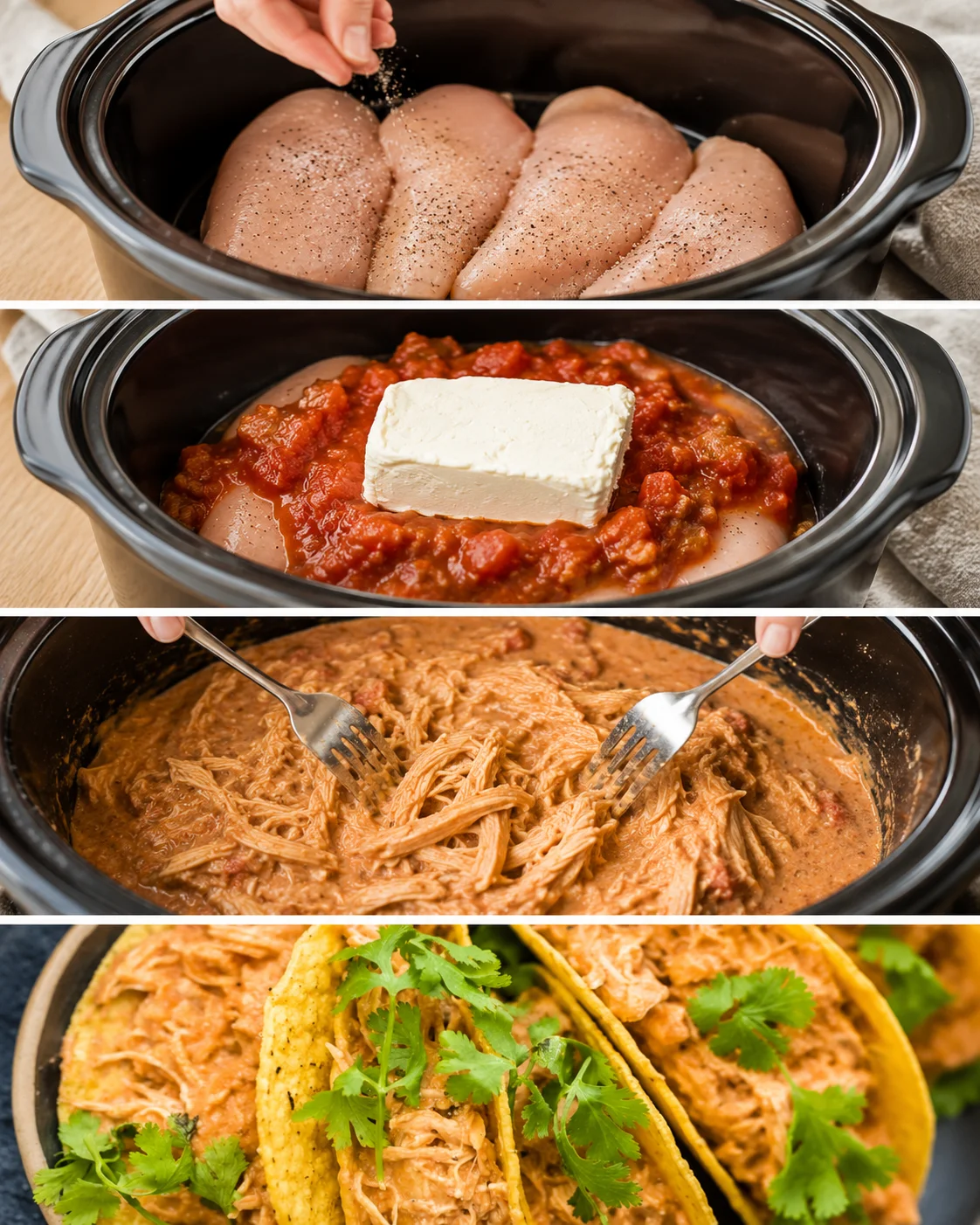 Tender shredded chicken cooked with salsa and cream cheese in a slow cooker