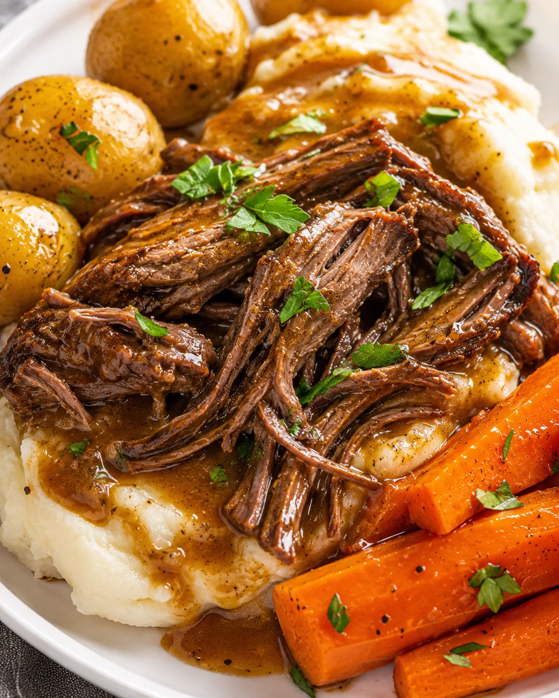 Tender beef pot roast served with potatoes, carrots, and creamy mashed potatoes.