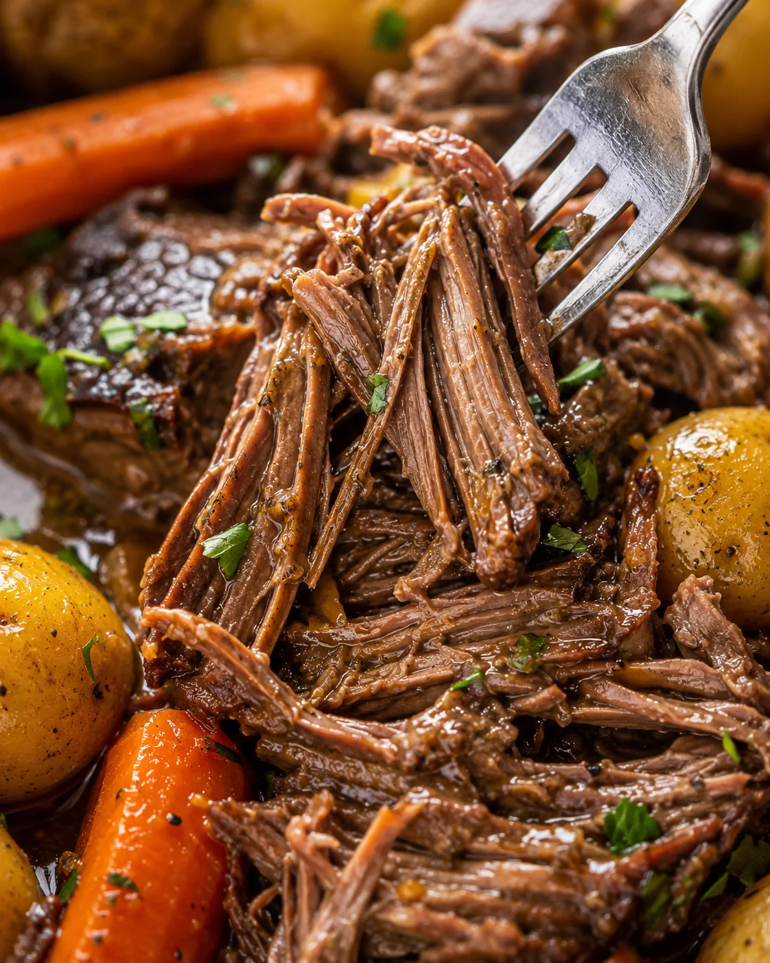 Tender, juicy slow cooker pot roast with vegetables and homemade gravy