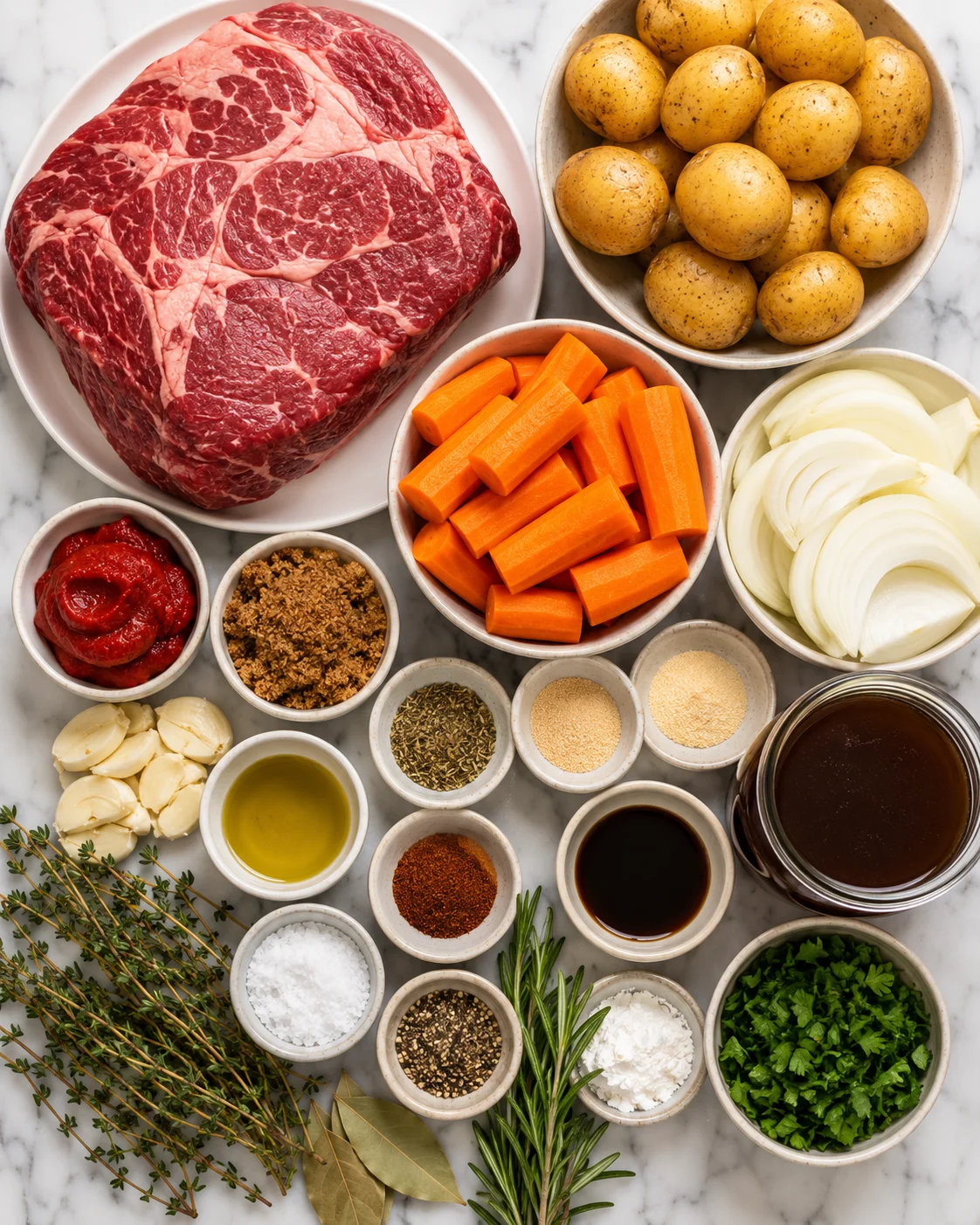 Raw beef, potatoes, carrots, onions, and seasonings for pot roast meal.