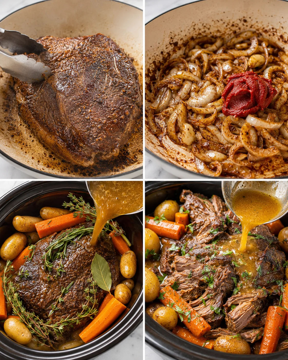 Tender slow cooker pot roast with vegetables and homemade gravy.
