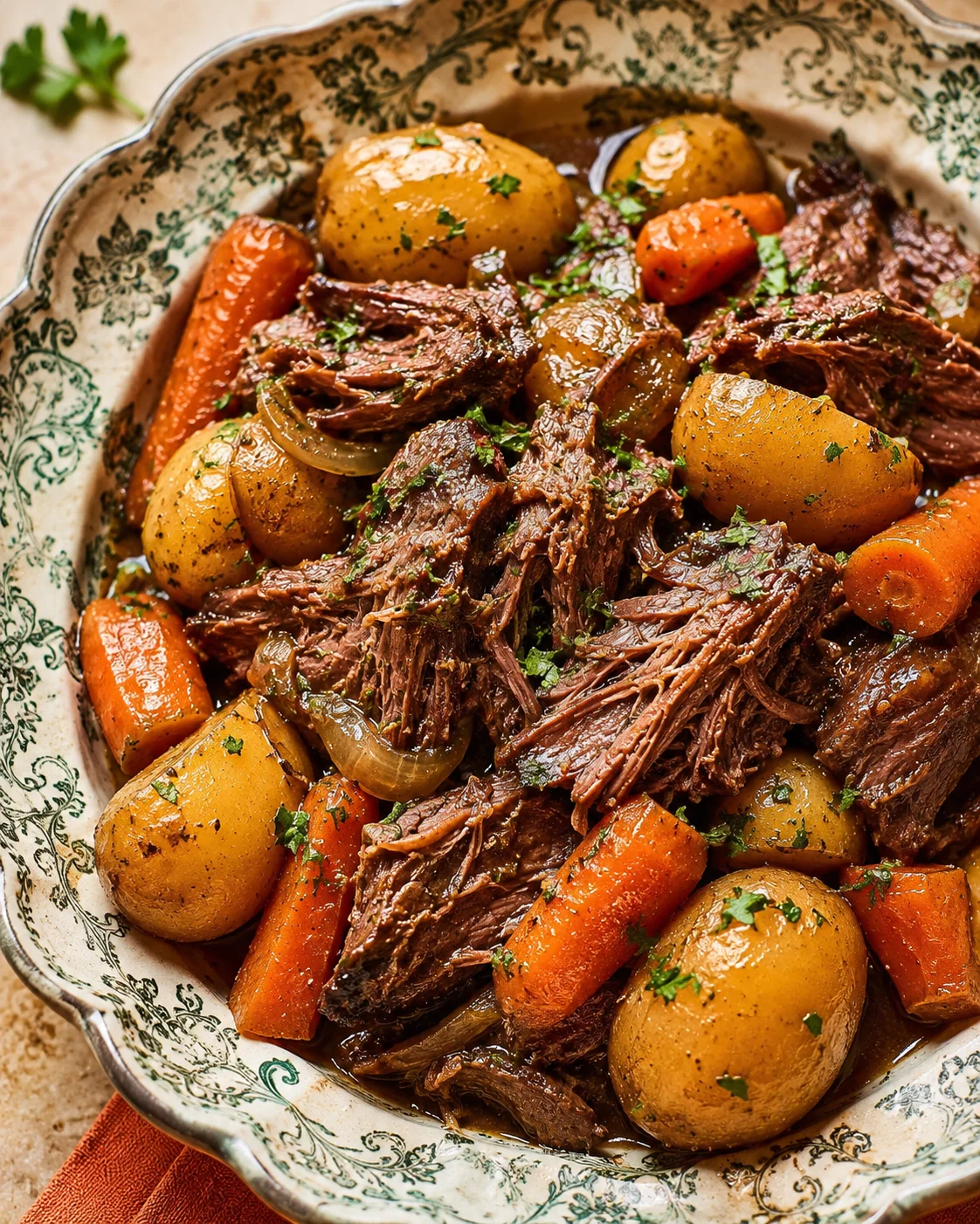 Hearty pot roast with tender beef, potatoes, carrots, and onions in a decorative bowl
