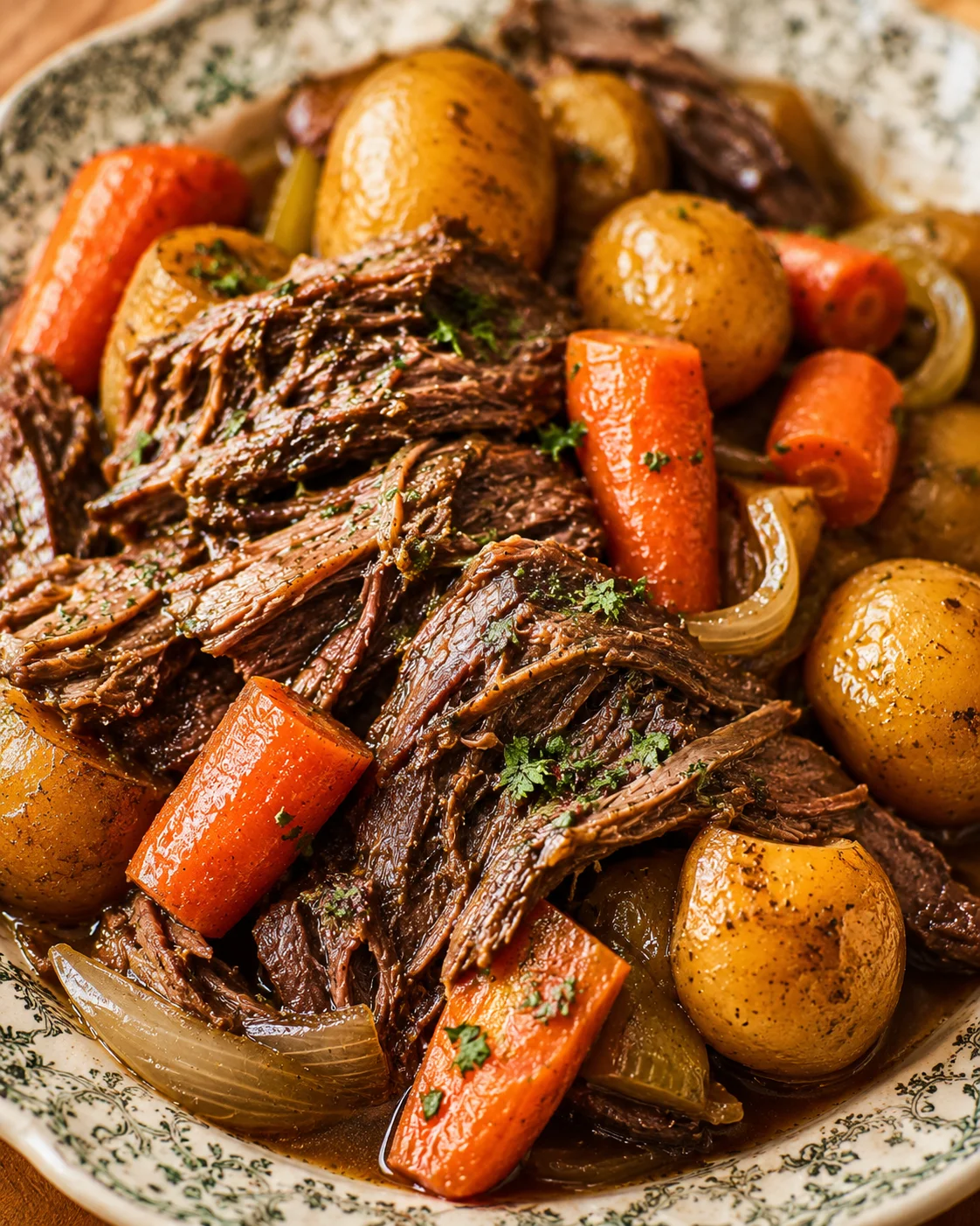Tender slow-cooked beef with potatoes, carrots, and onions in a rustic dish