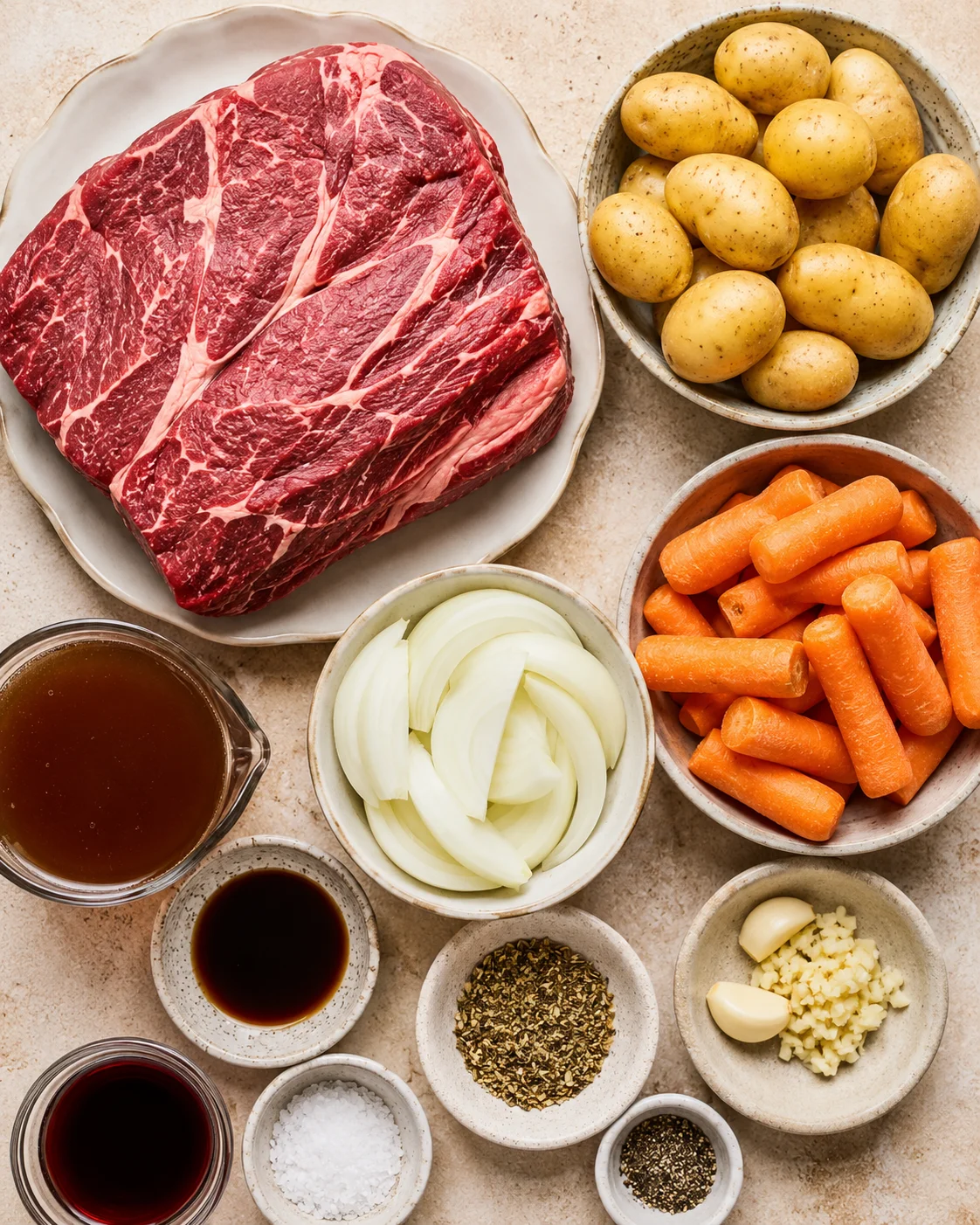 Raw ingredients for crockpot chuck roast with beef, potatoes, carrots, and seasonings