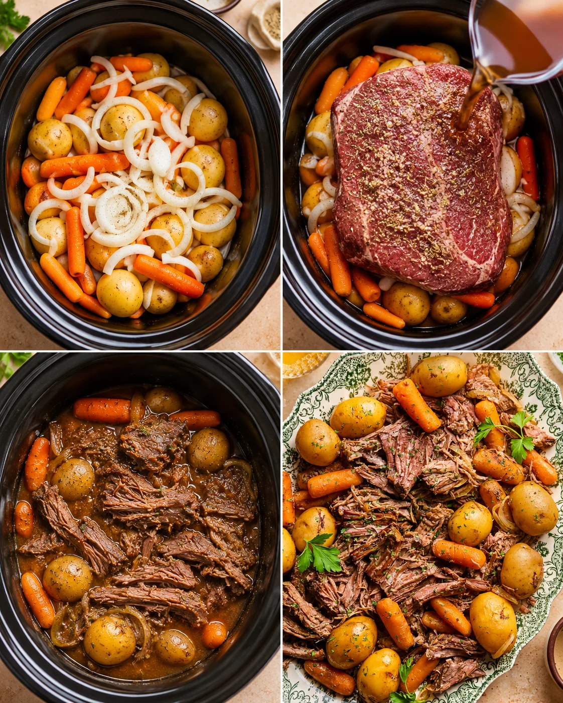 Step-by-step images of preparing a slow cooker chuck roast with potatoes and carrots