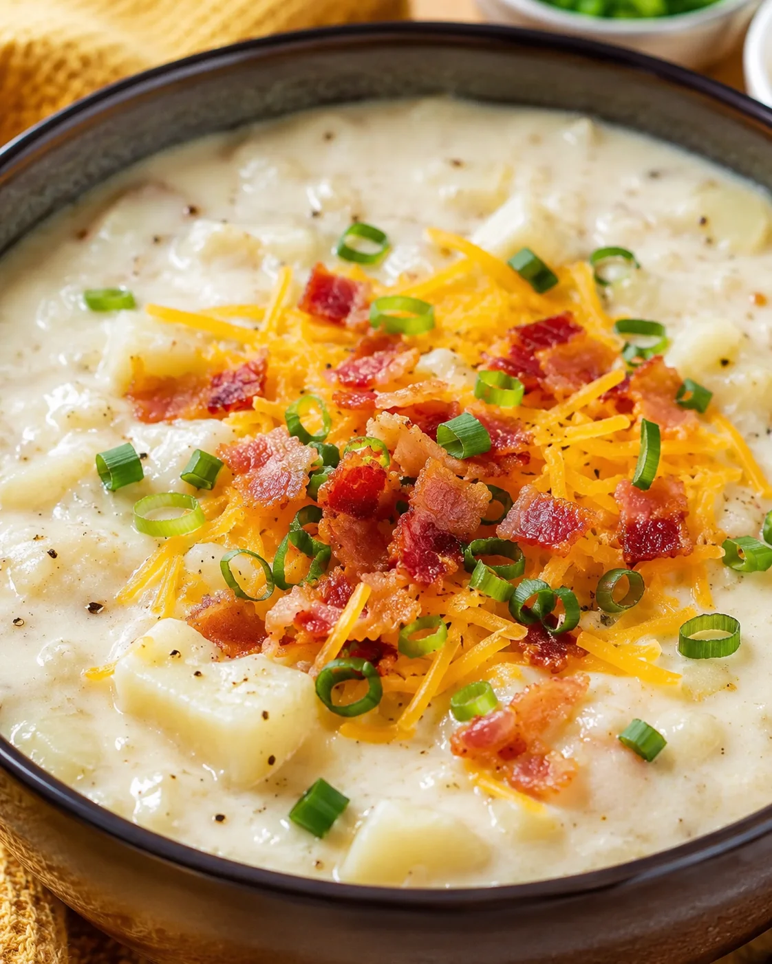 Bowl of creamy potato soup topped with cheese, bacon, and green onions.