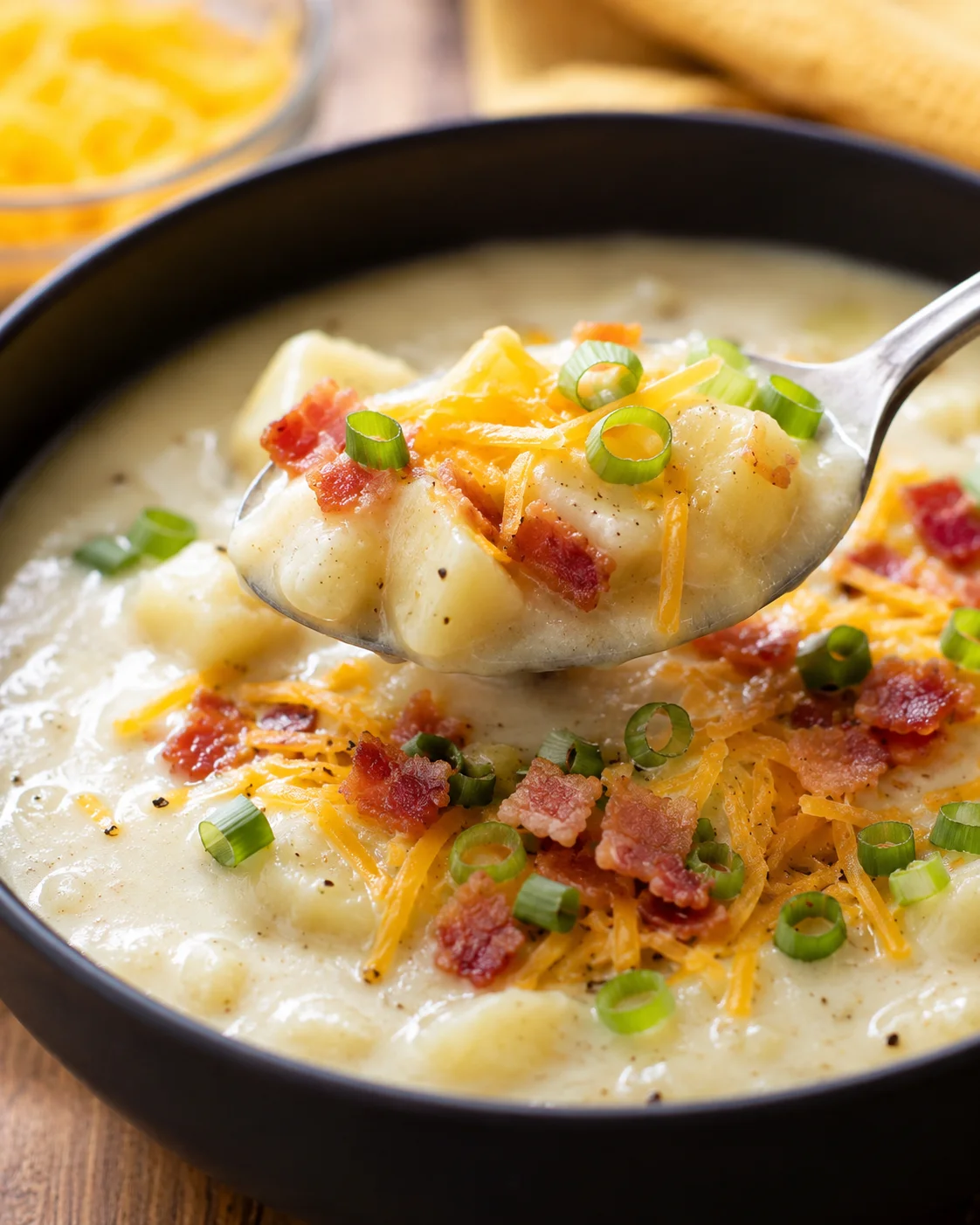 Close-up of hearty potato soup topped with bacon, cheese, and green onions.