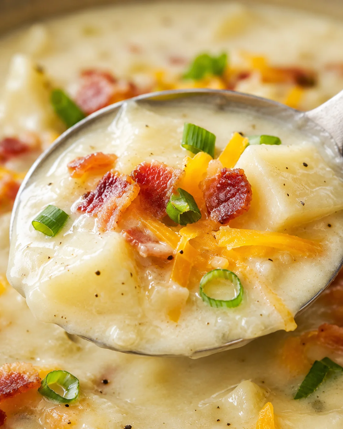 Close-up of a creamy potato soup topped with bacon, cheese, and scallions in a ladle