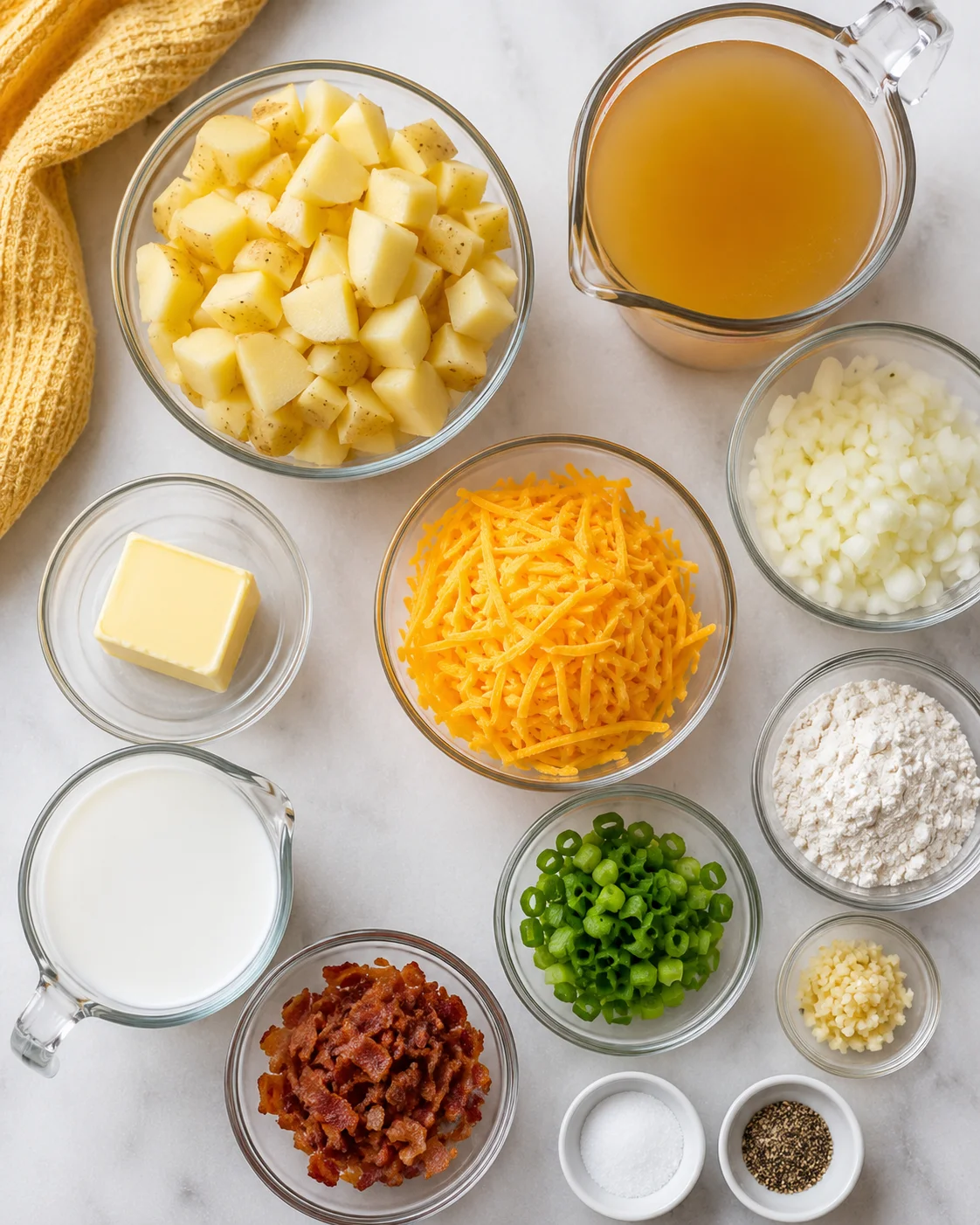 Ingredients for creamy potato soup with toppings like bacon and cheese displayed.
