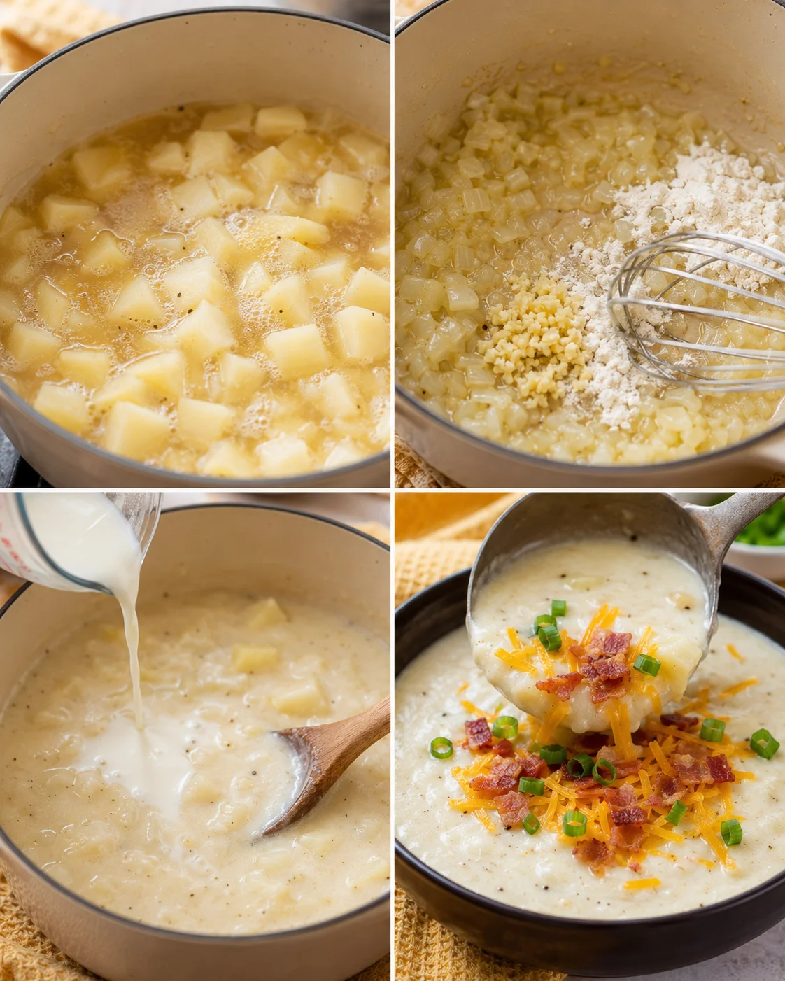 Hearty and creamy potato soup topped with cheese, bacon, and green onions.