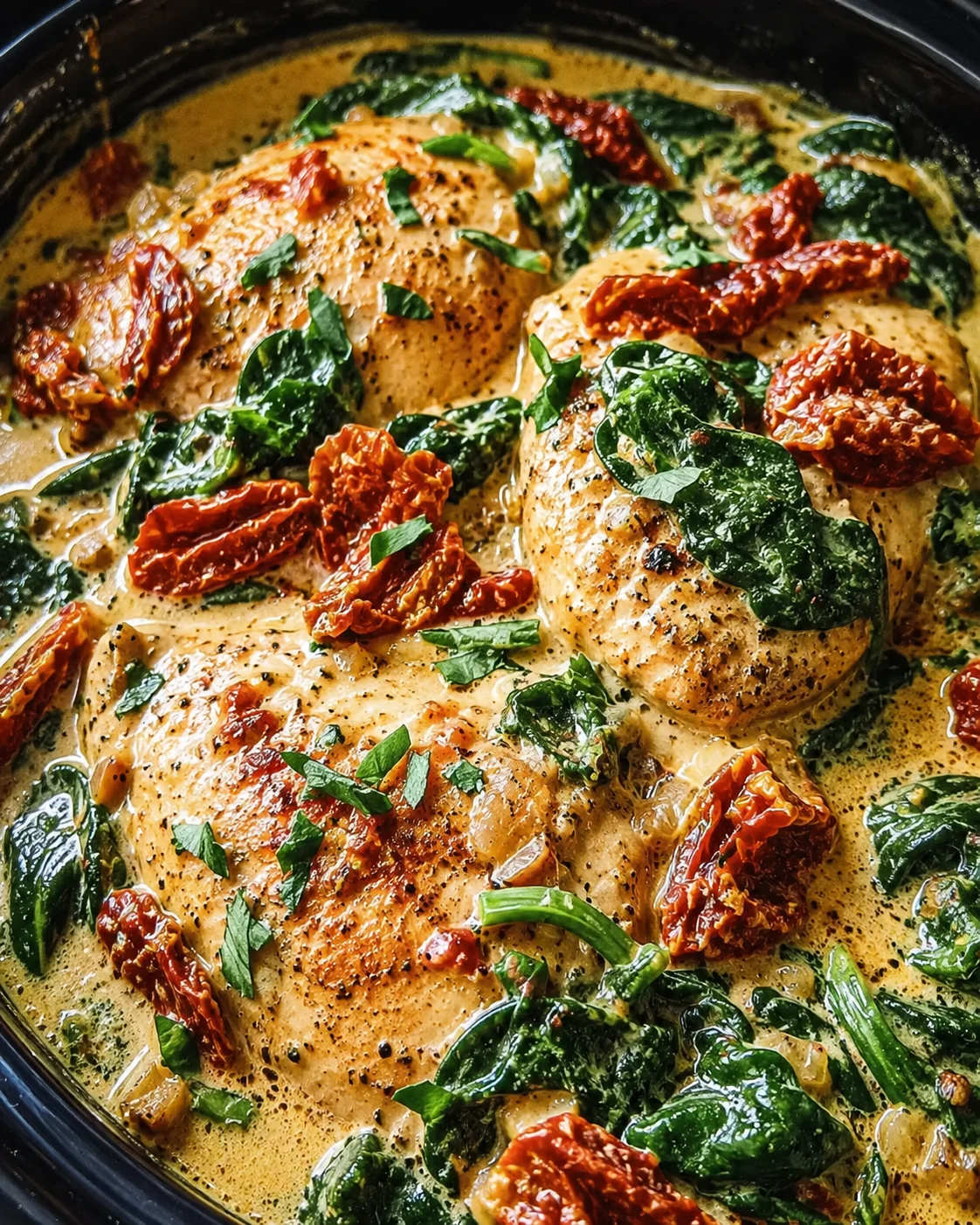 Juicy chicken breasts in a creamy garlic sauce with spinach and sun-dried tomatoes